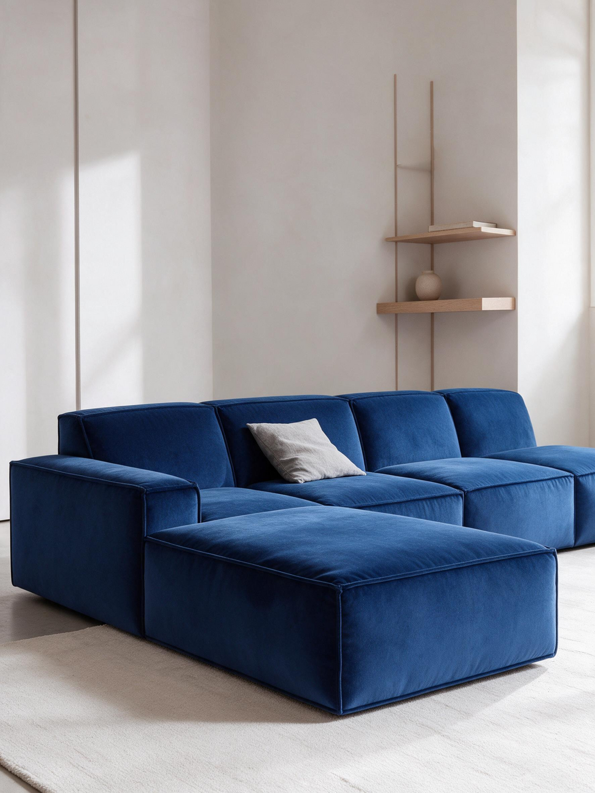 
Divano panoramico di design a 7 posti «Siena XXL» con rivestimento in velluto - Rivestimento in raso blu reale / Lato lungo a sinistra