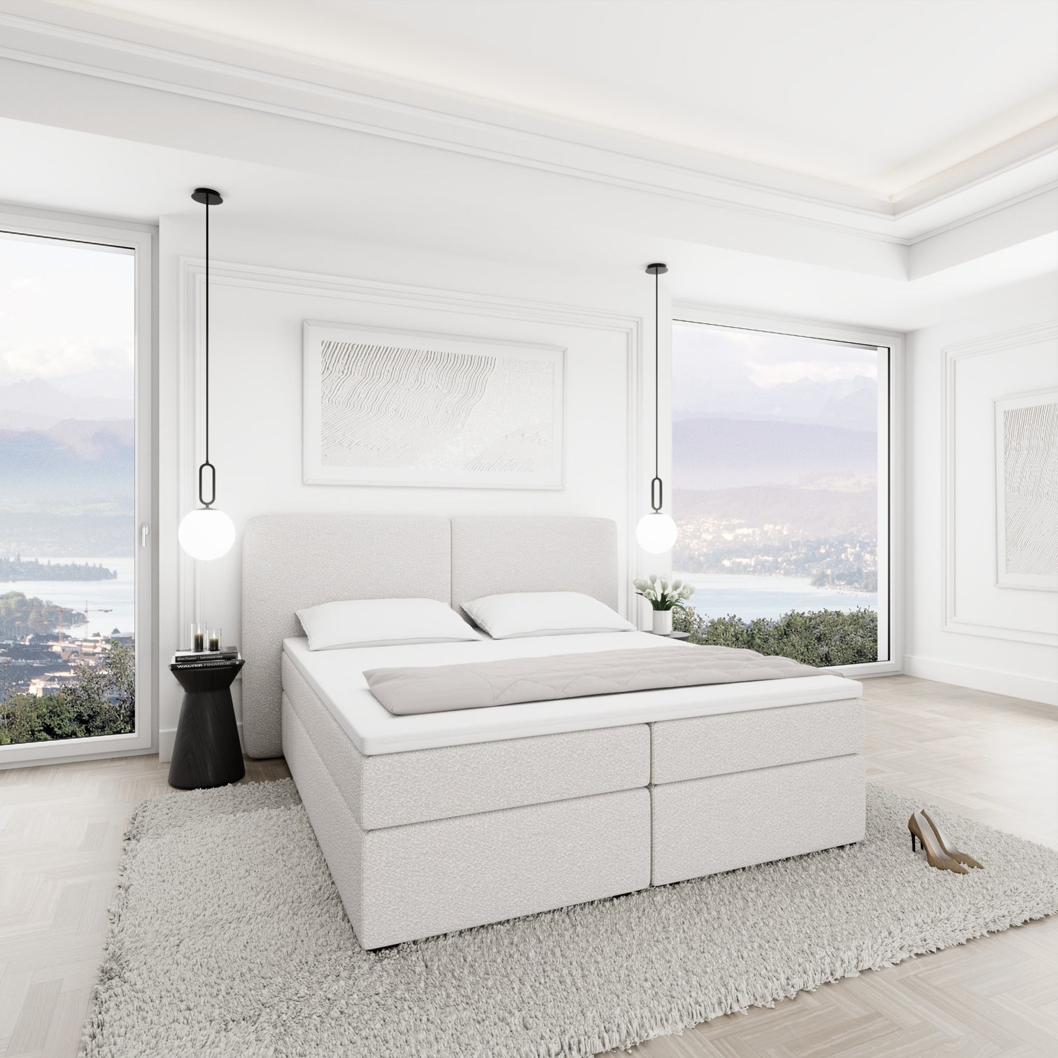 
Lit boxspring design « Castellia » avec compartiment de rangement, bouclé blanc - 140 x 200 cm