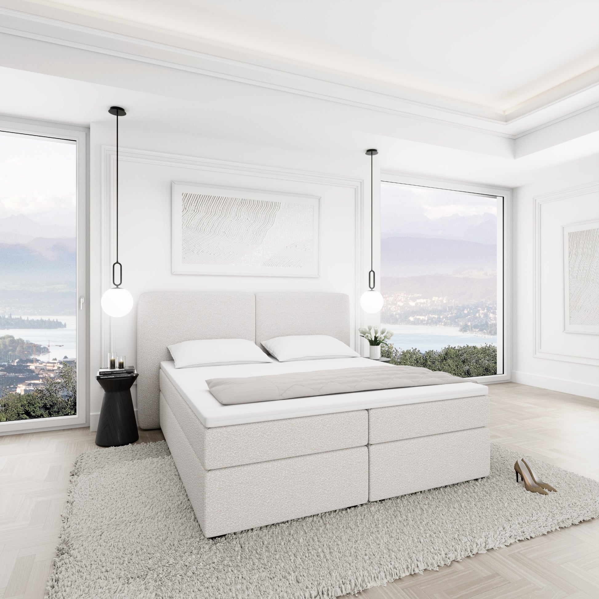 
Design Boxspringbett „Castellia“ mit Ablagefach, Bouclé Weiss - 140 x 200 cm