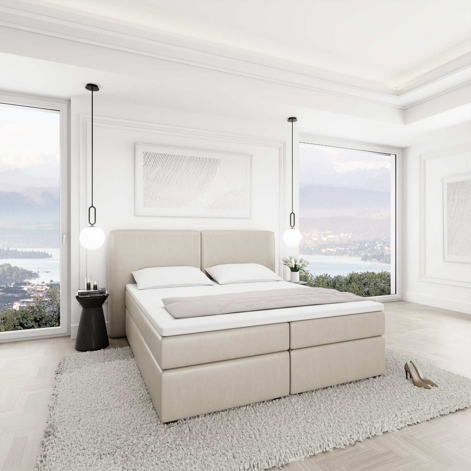 
Lit boxspring design « Castellia » avec compartiment de rangement, similicuir beige - 140 x 200 cm