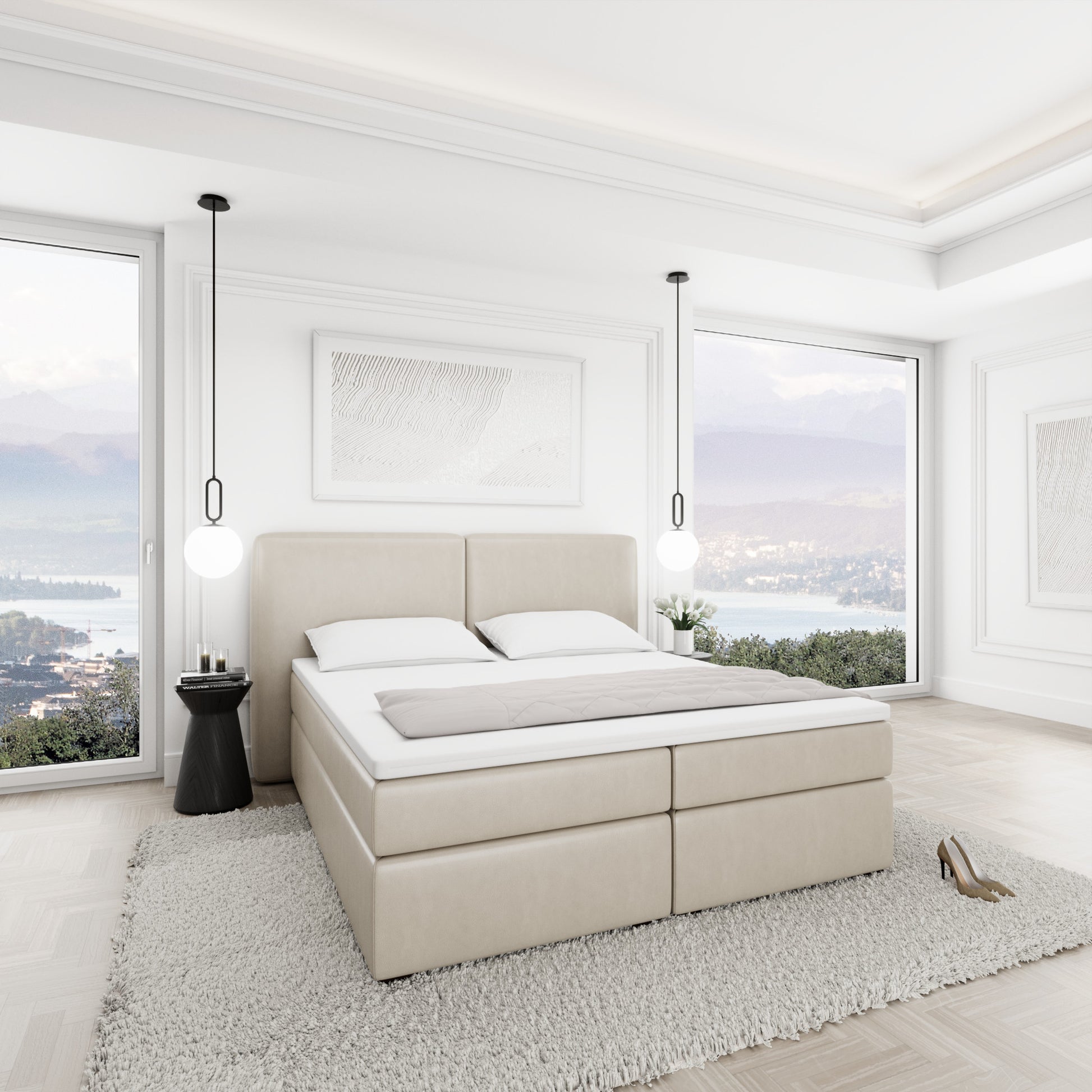 
Design Boxspringbett „Castellia“ mit Ablagefach, Kunstleder Beige - 140 x 200 cm
