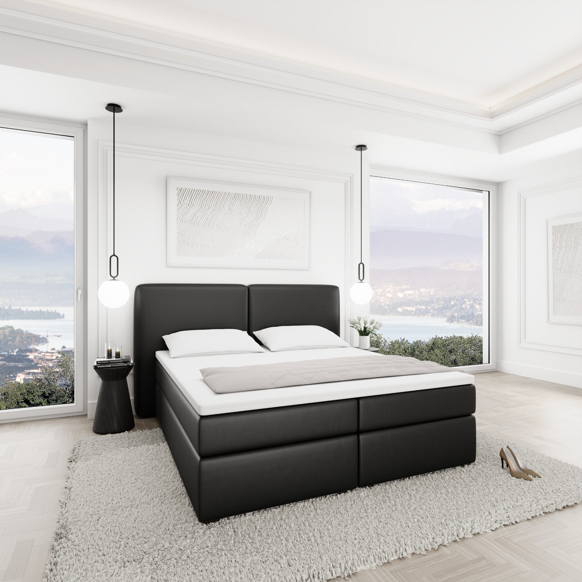 
Design Boxspringbett „Castellia“ mit Ablagefach, Kunstleder Schwarz - 140 x 200 cm
