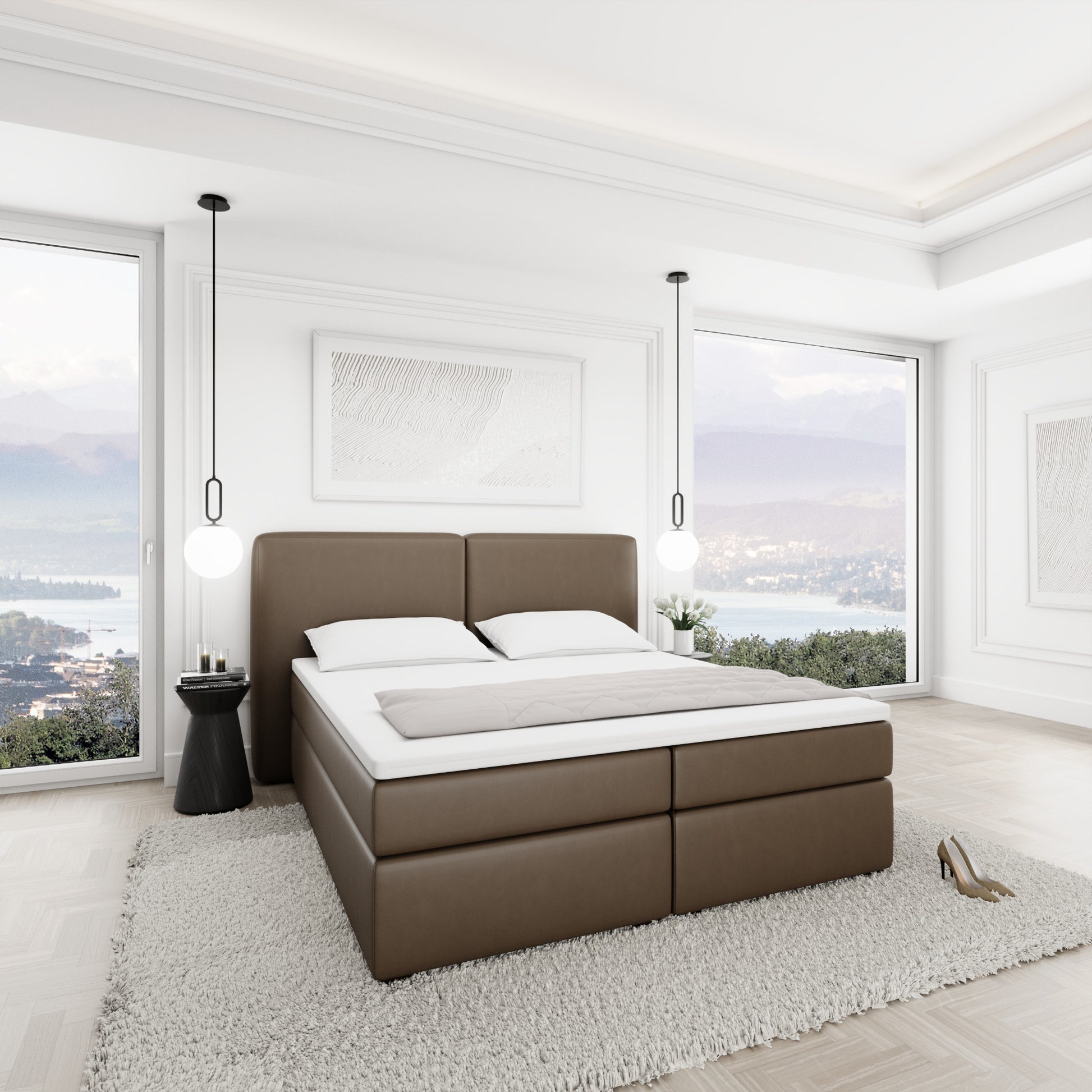
Design Boxspringbett „Castellia“ mit Ablagefach, Kunstleder Dunkelbraun - 140 x 200 cm