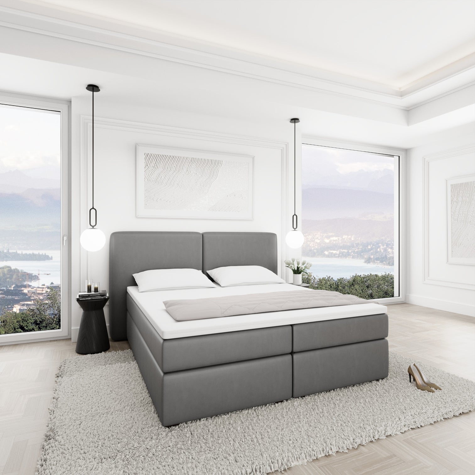 
Lit boxspring design « Castellia » avec compartiment de rangement, similicuir gris - 140 x 200 cm