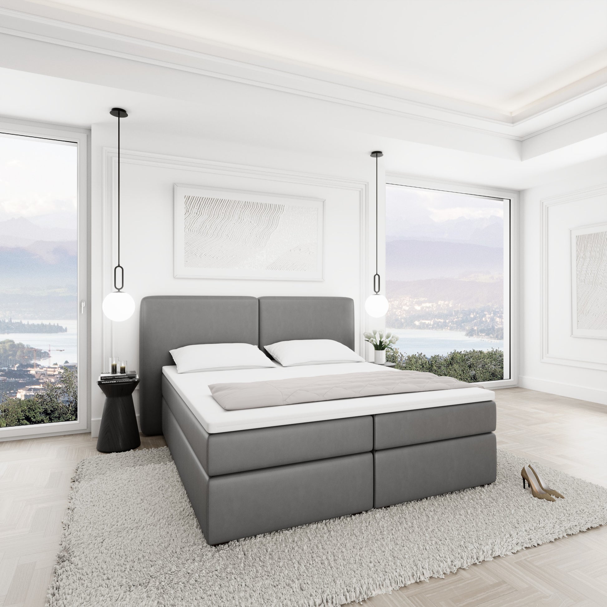 
Design Boxspringbett „Castellia“ mit Ablagefach, Kunstleder Grau - 140 x 200 cm