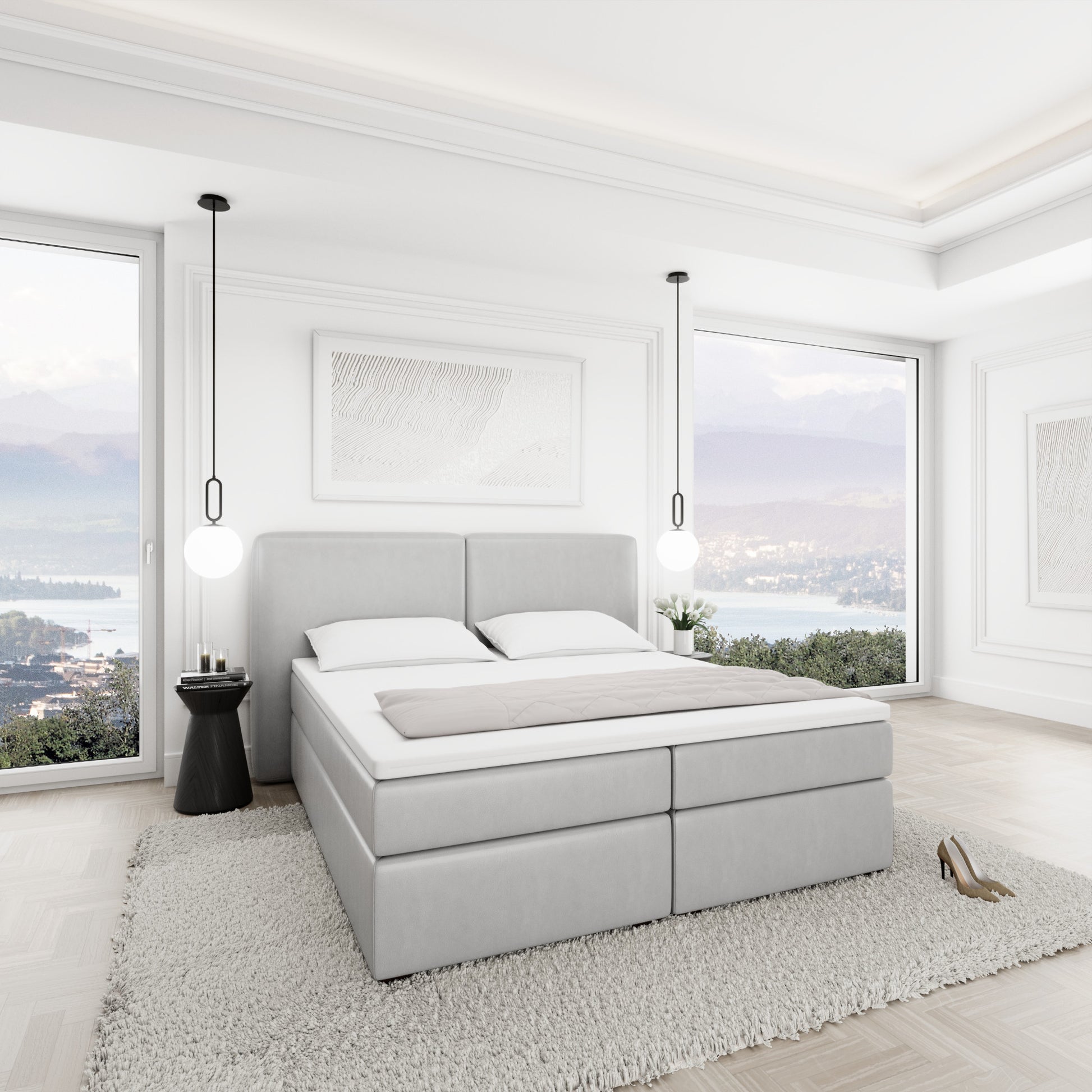 
Design Boxspringbett „Castellia“ mit Ablagefach, Kunstleder Hellgrau - 140 x 200 cm