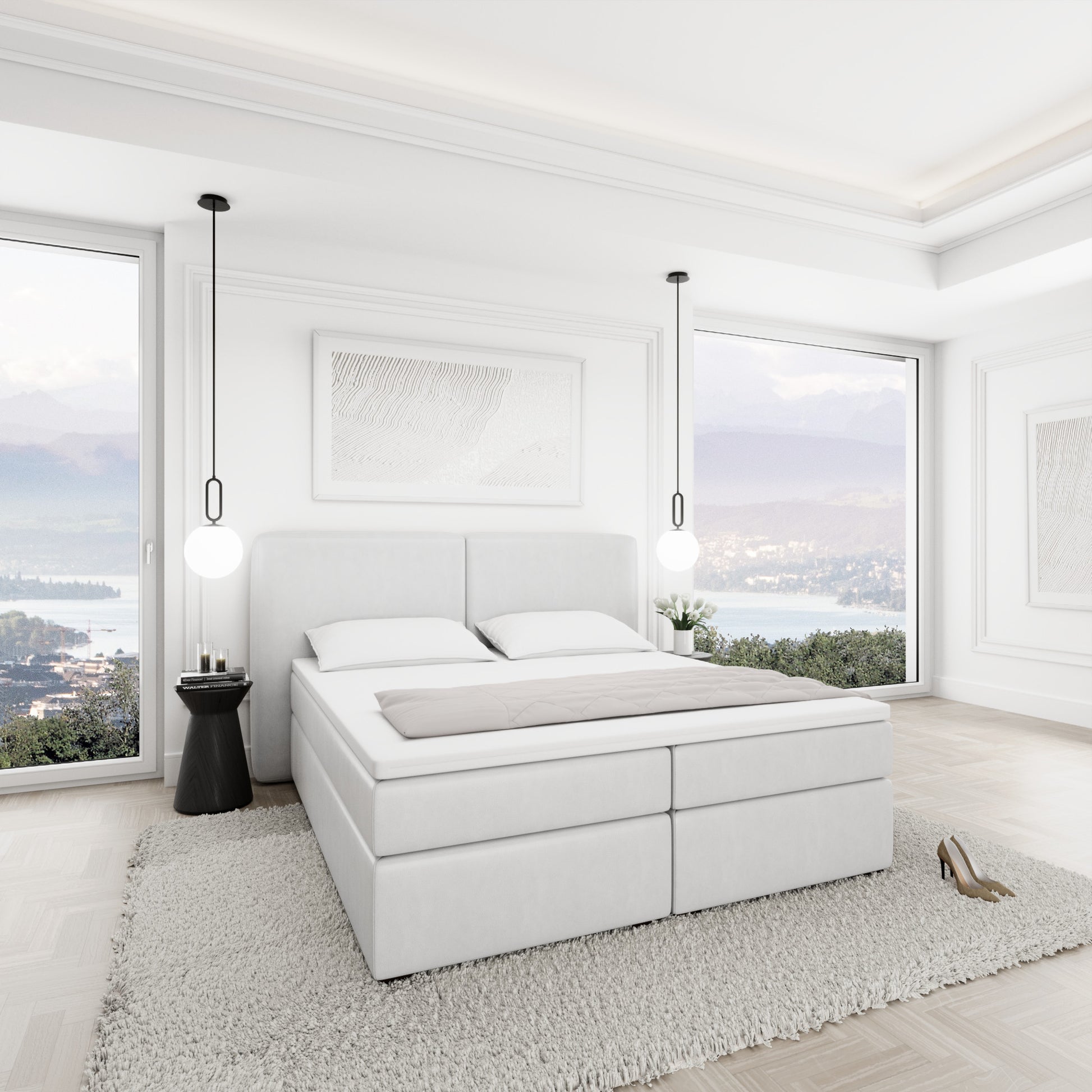 
Design Boxspringbett „Castellia“ mit Ablagefach, Kunstleder Weiss - 140 x 200 cm