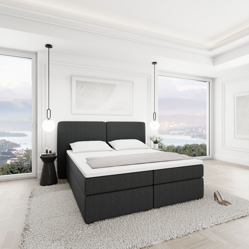 
Lit boxspring design « Castellia » avec compartiment de rangement, tissu tissé anthracite - 140 x 200 cm