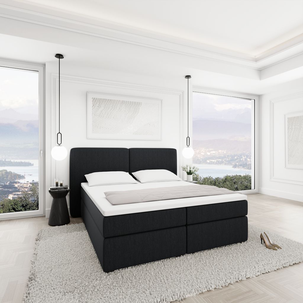 
Lit boxspring design « Castellia » avec compartiment de rangement, tissu tissé noir - 140 x 200 cm