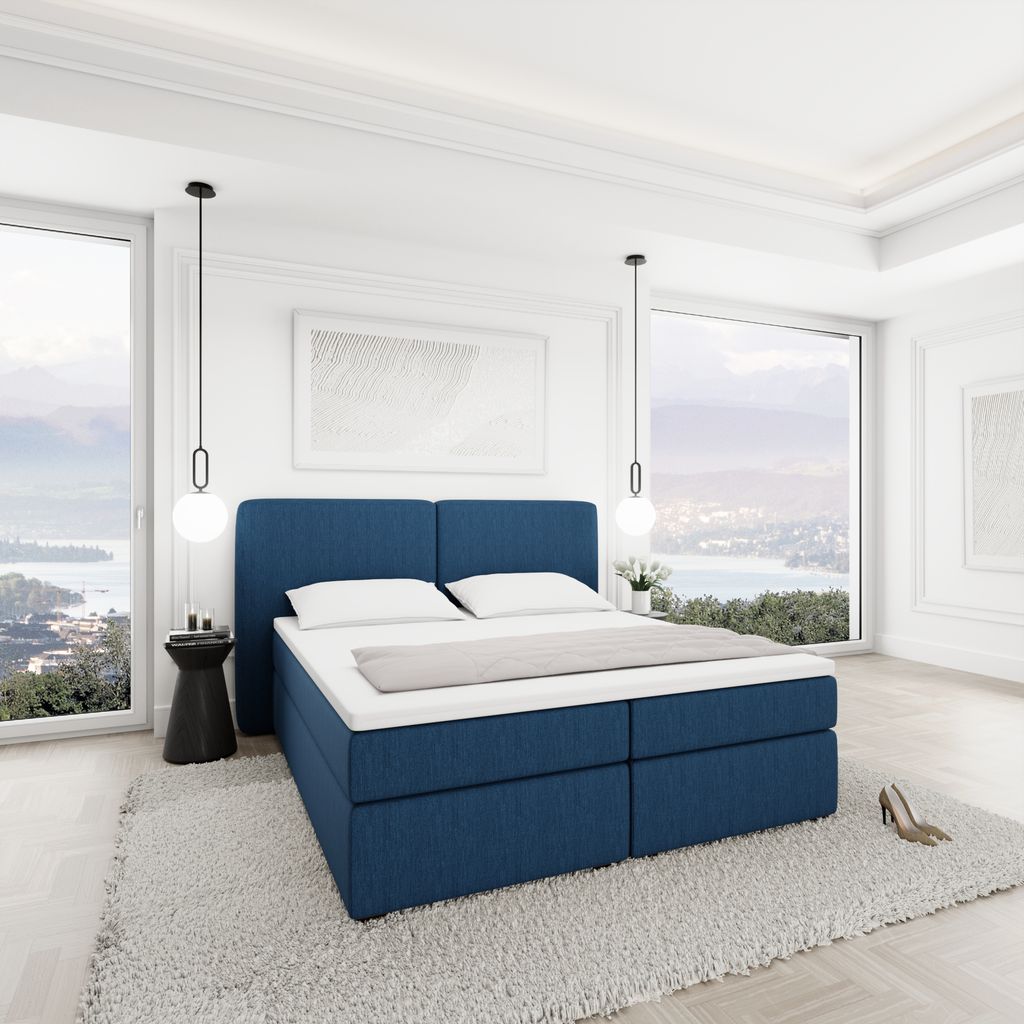 
Lit boxspring design « Castellia » avec compartiment de rangement, tissu tissé bleu foncé - 140 x 200 cm
