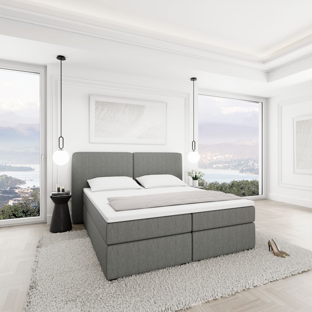 
Lit boxspring design « Castellia » avec compartiment de rangement, tissu tissé gris - 140 x 200 cm