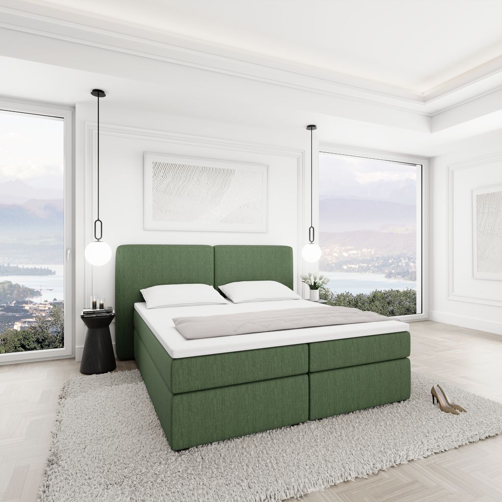 
Lit boxspring design « Castellia » avec compartiment de rangement, tissu tissé vert - 140 x 200 cm