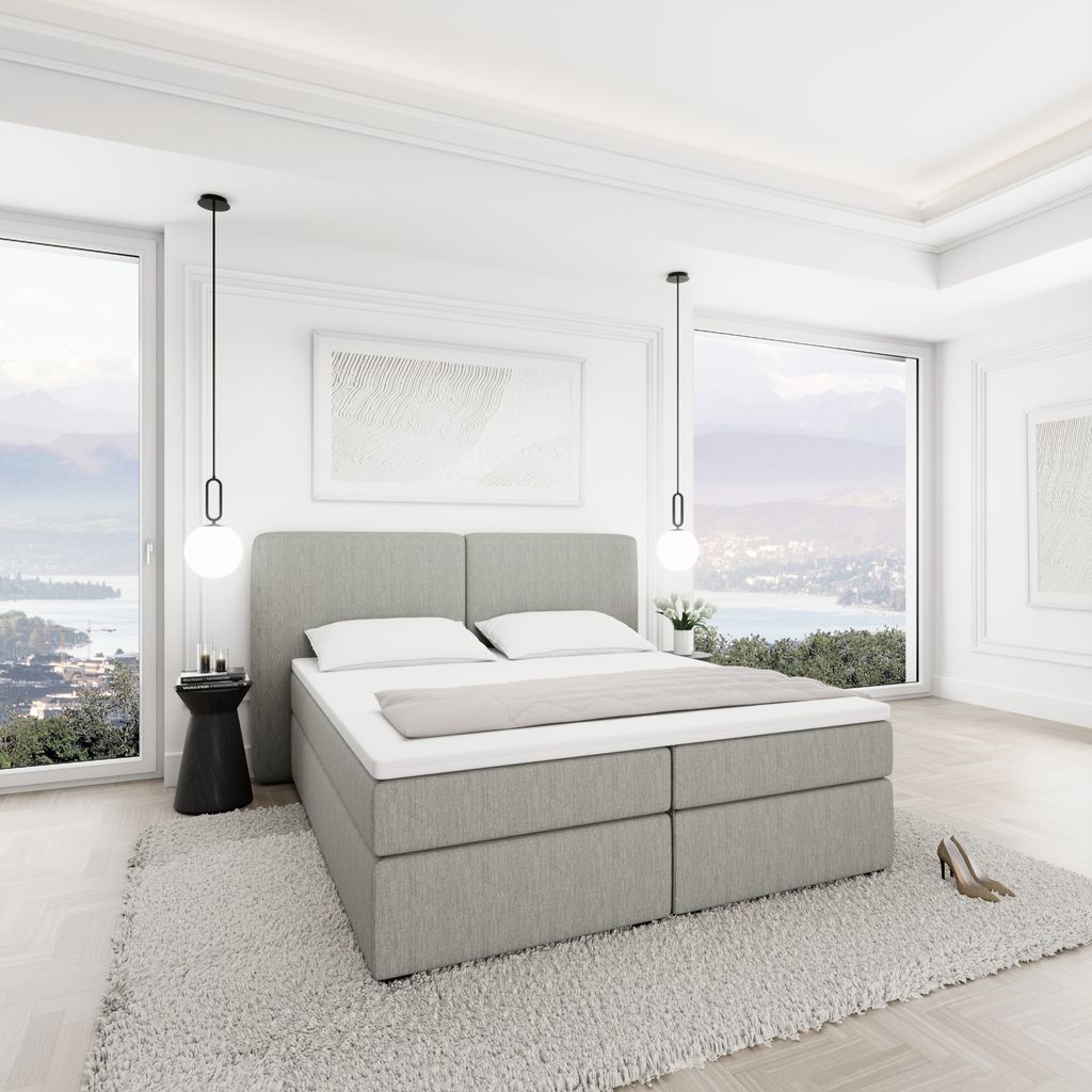 
Designer box-spring bed “Castellia” with storage compartment, light grey woven fabric - 140 x 200 cm