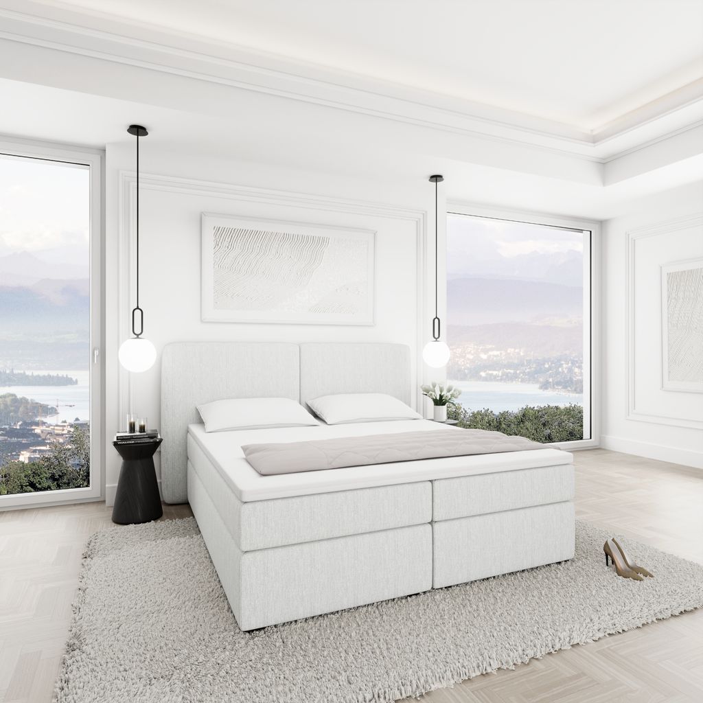
Design Boxspringbett „Castellia“ mit Ablagefach, Webstoff Weiss - 140 x 200 cm