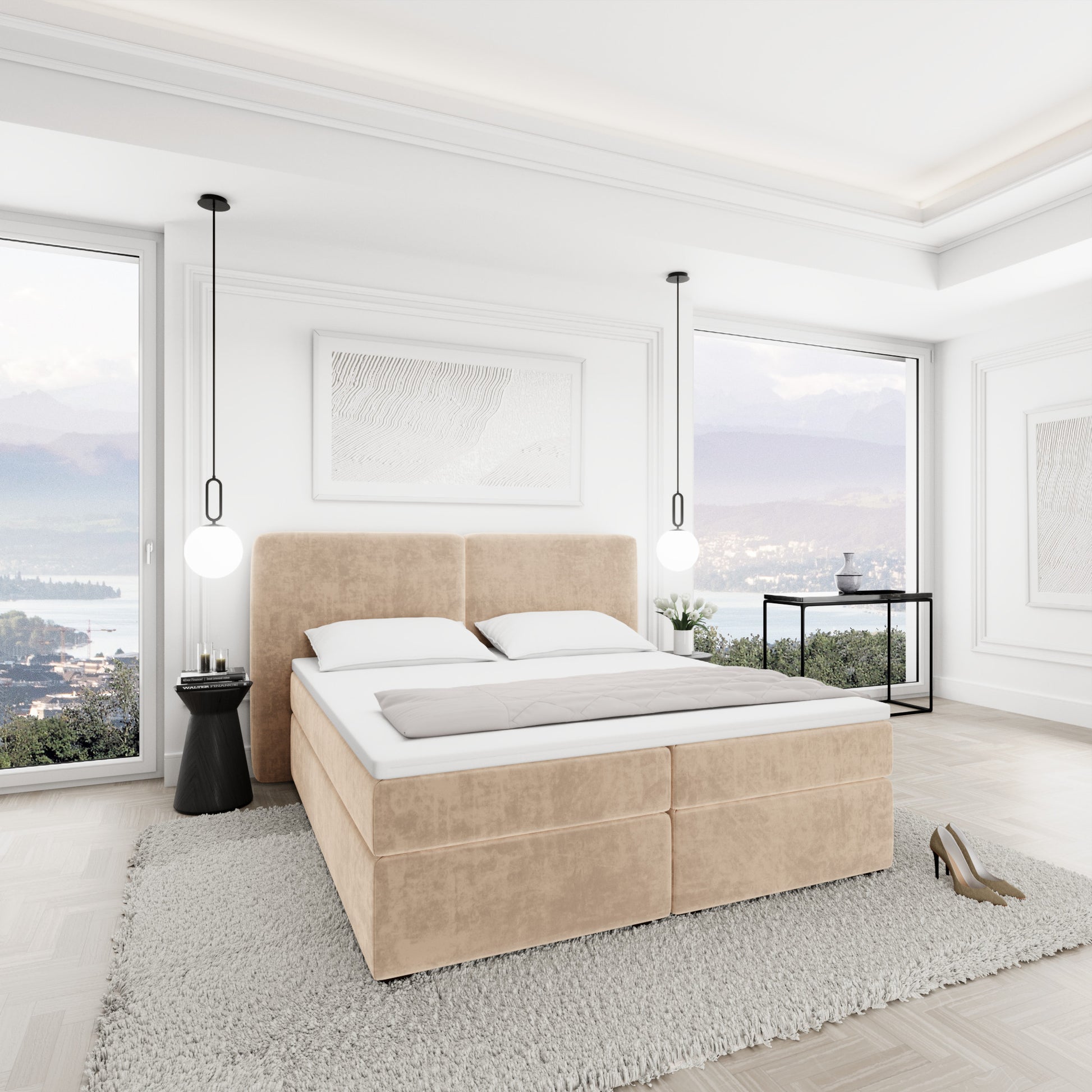 
Design Boxspringbett „Castellia“ mit Ablagefach, Samt Beige - 140 x 200 cm