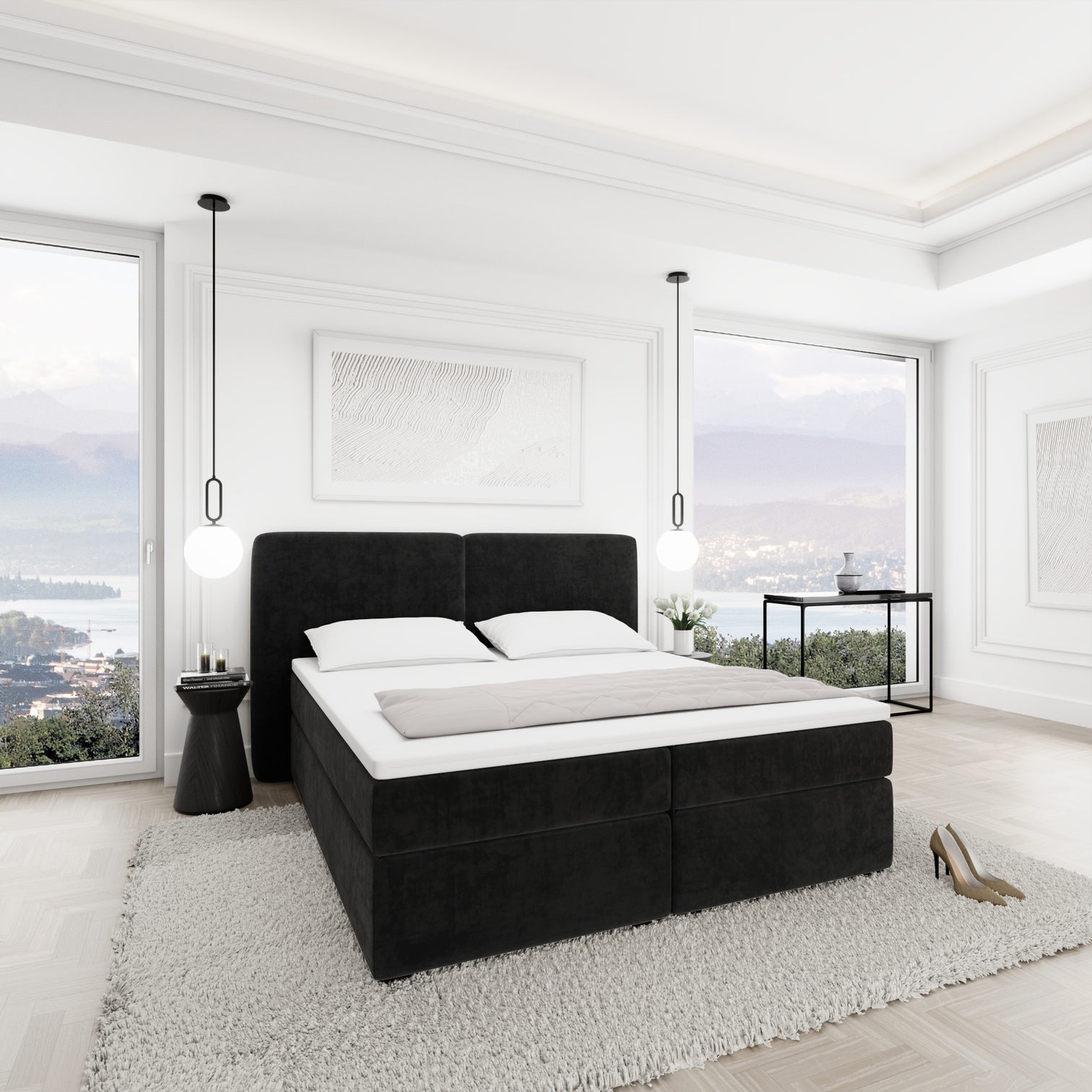 
Lit boxspring design « Castellia » avec compartiment de rangement, velours noir - 140 x 200 cm