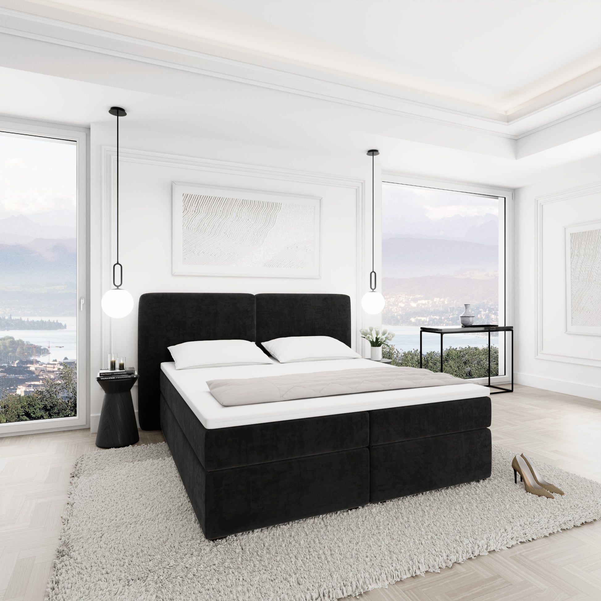 
Design Boxspringbett „Castellia“ mit Ablagefach, Samt Schwarz - 140 x 200 cm