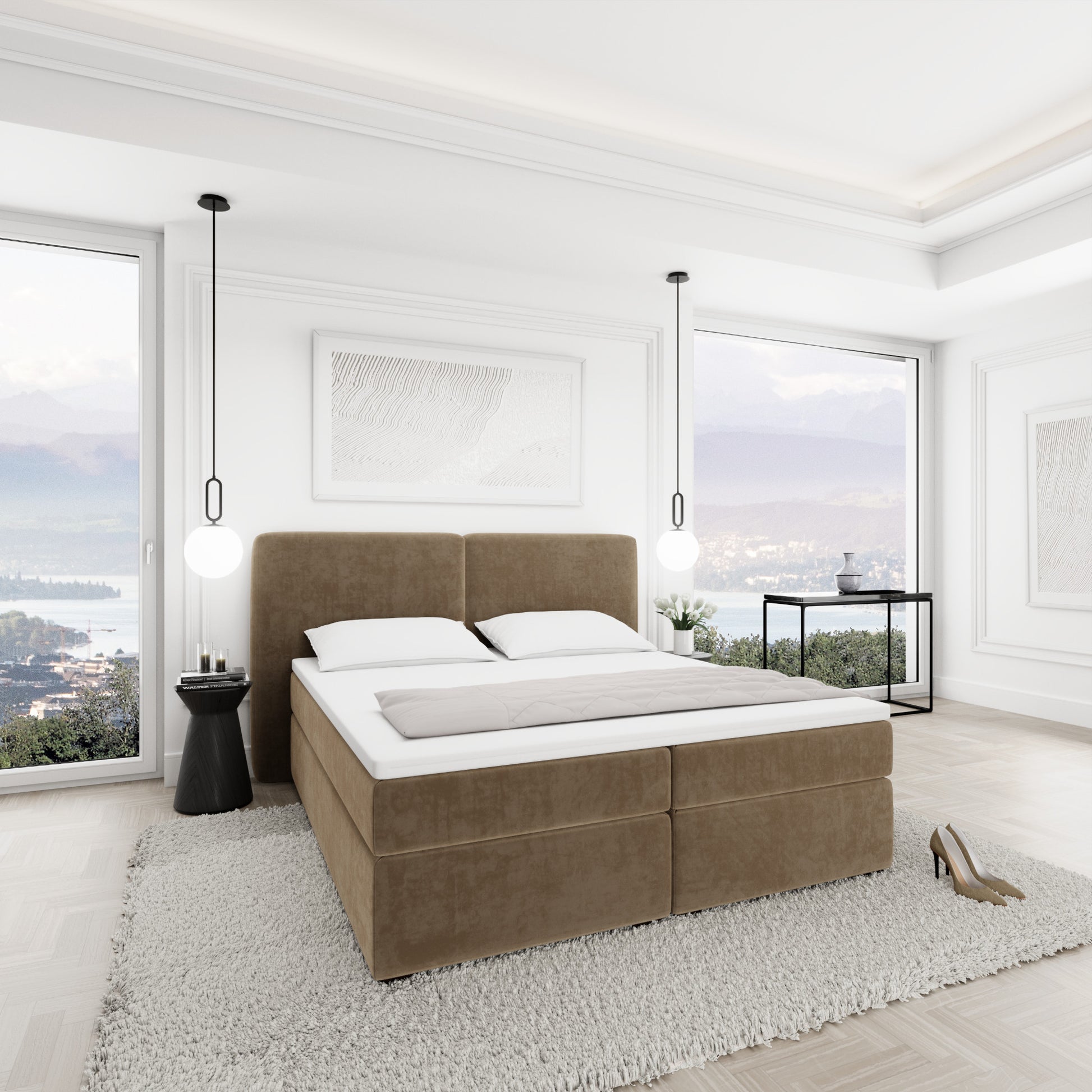 
Design Boxspringbett „Castellia“ mit Ablagefach, Samt Braun - 140 x 200 cm