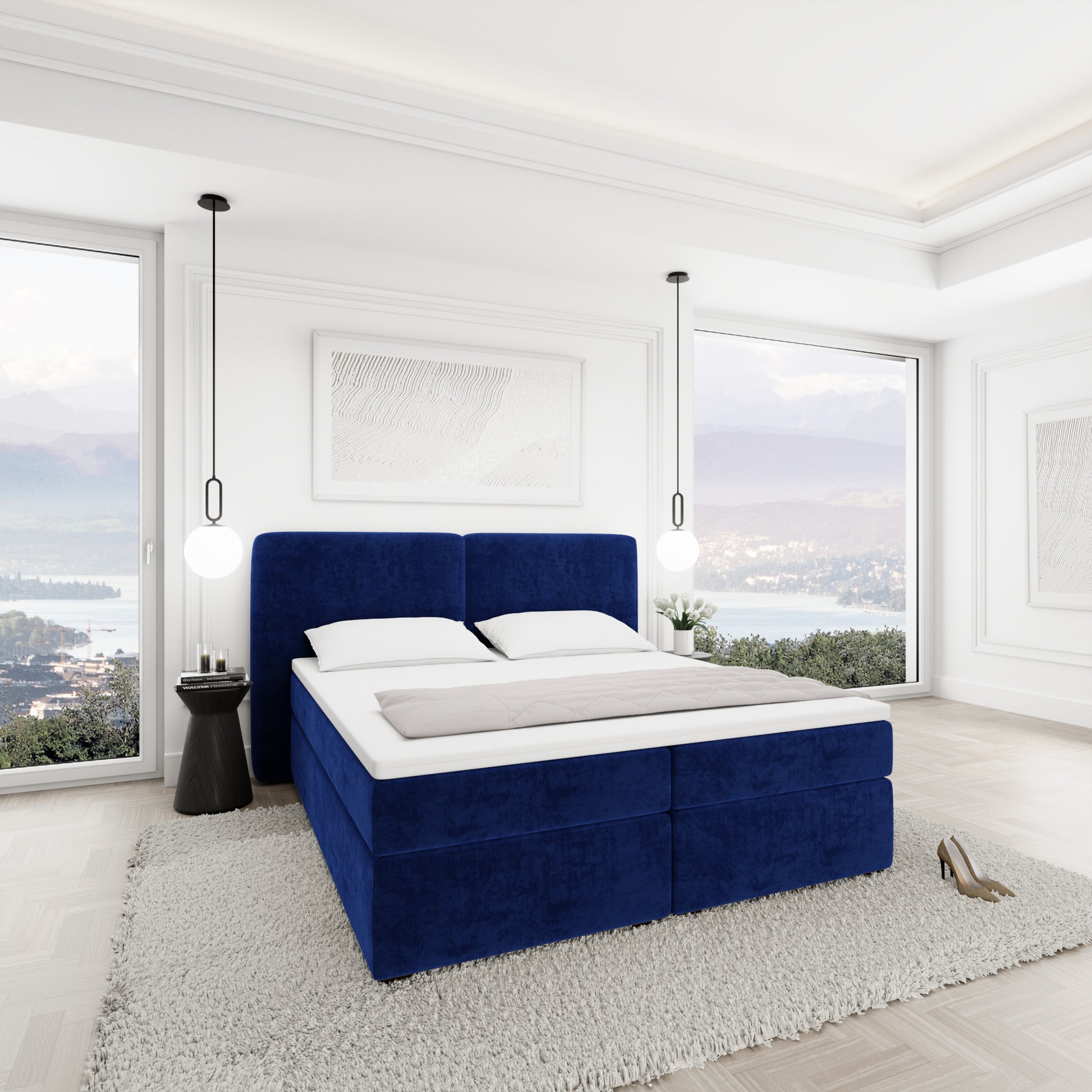 
Design Boxspringbett „Castellia“ mit Ablagefach, Samt Blau - 140 x 200 cm