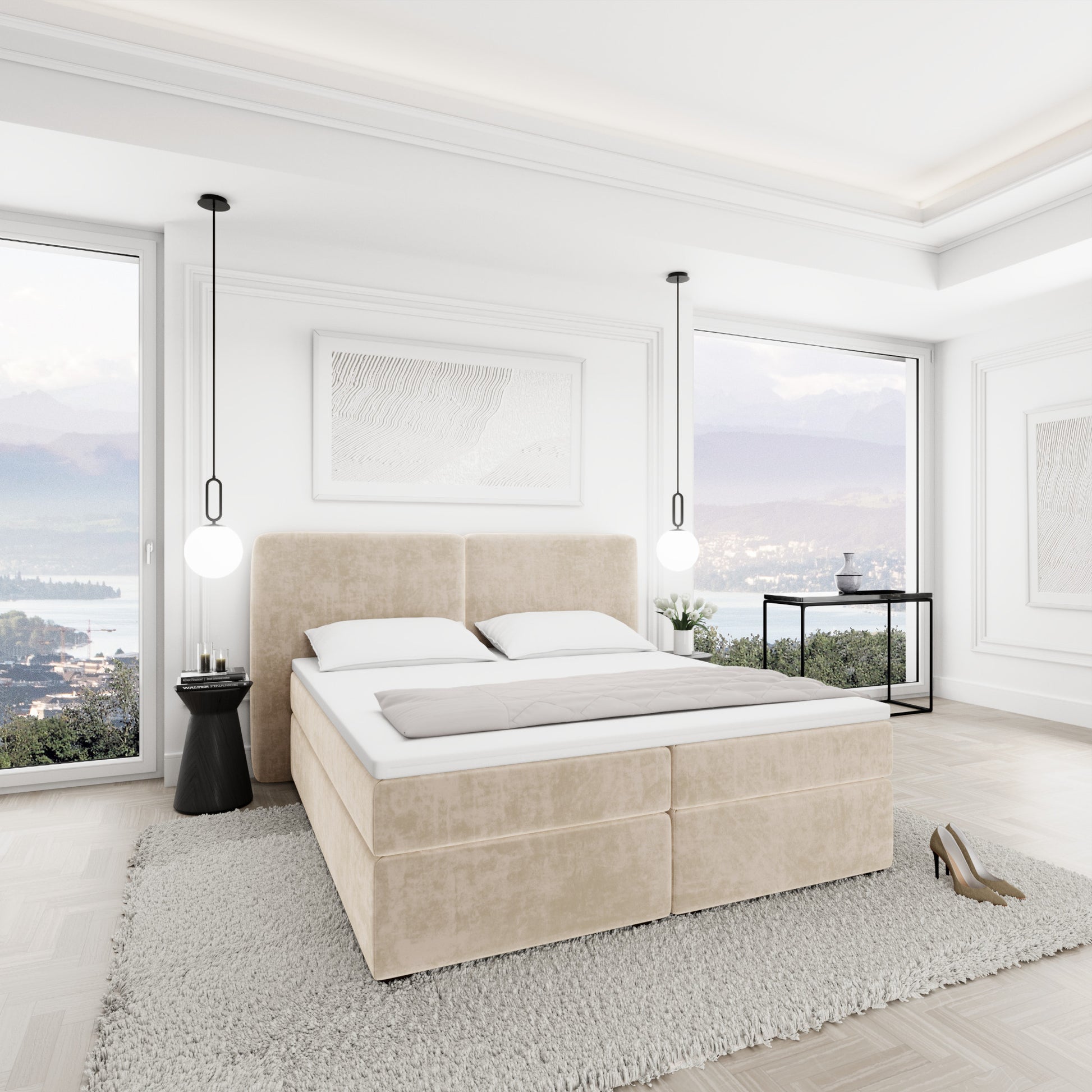 
Design Boxspringbett „Castellia“ mit Ablagefach, Samt Cream - 140 x 200 cm
