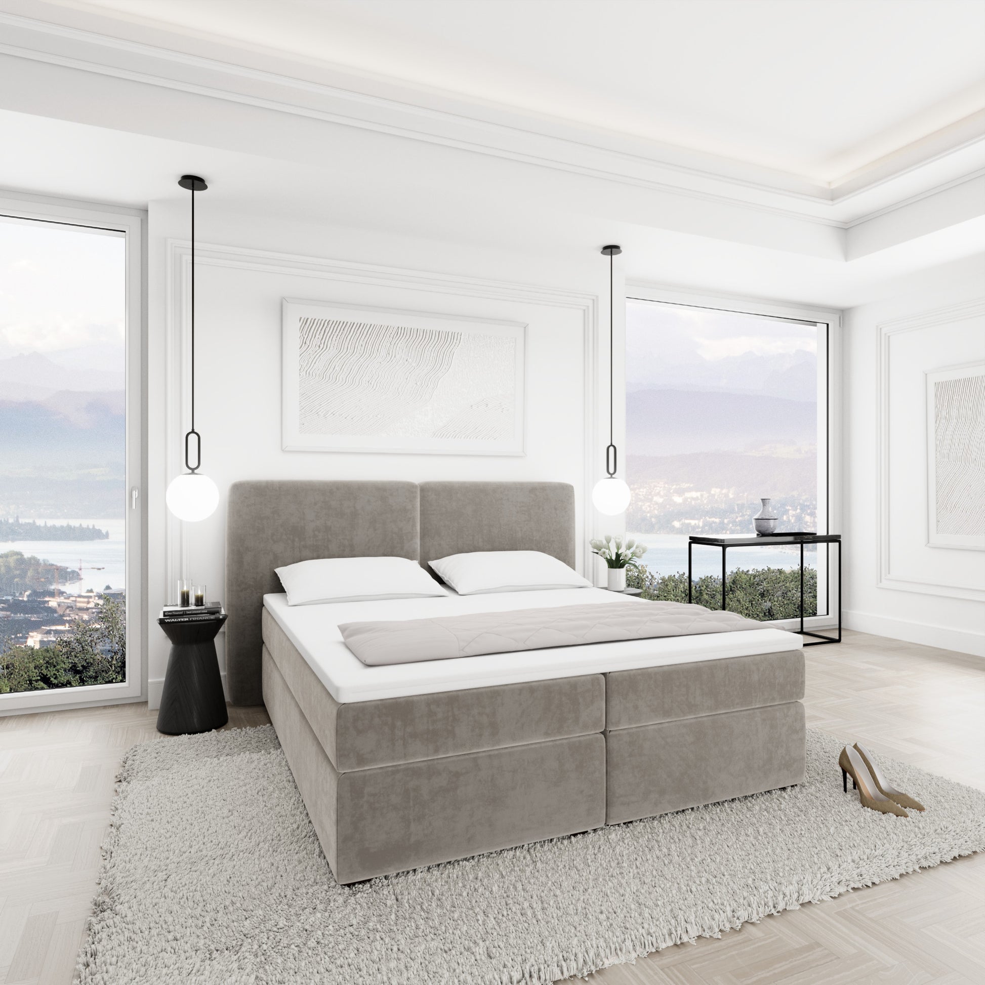 
Design Boxspringbett „Castellia“ mit Ablagefach, Samt Beige dunkel - 140 x 200 cm