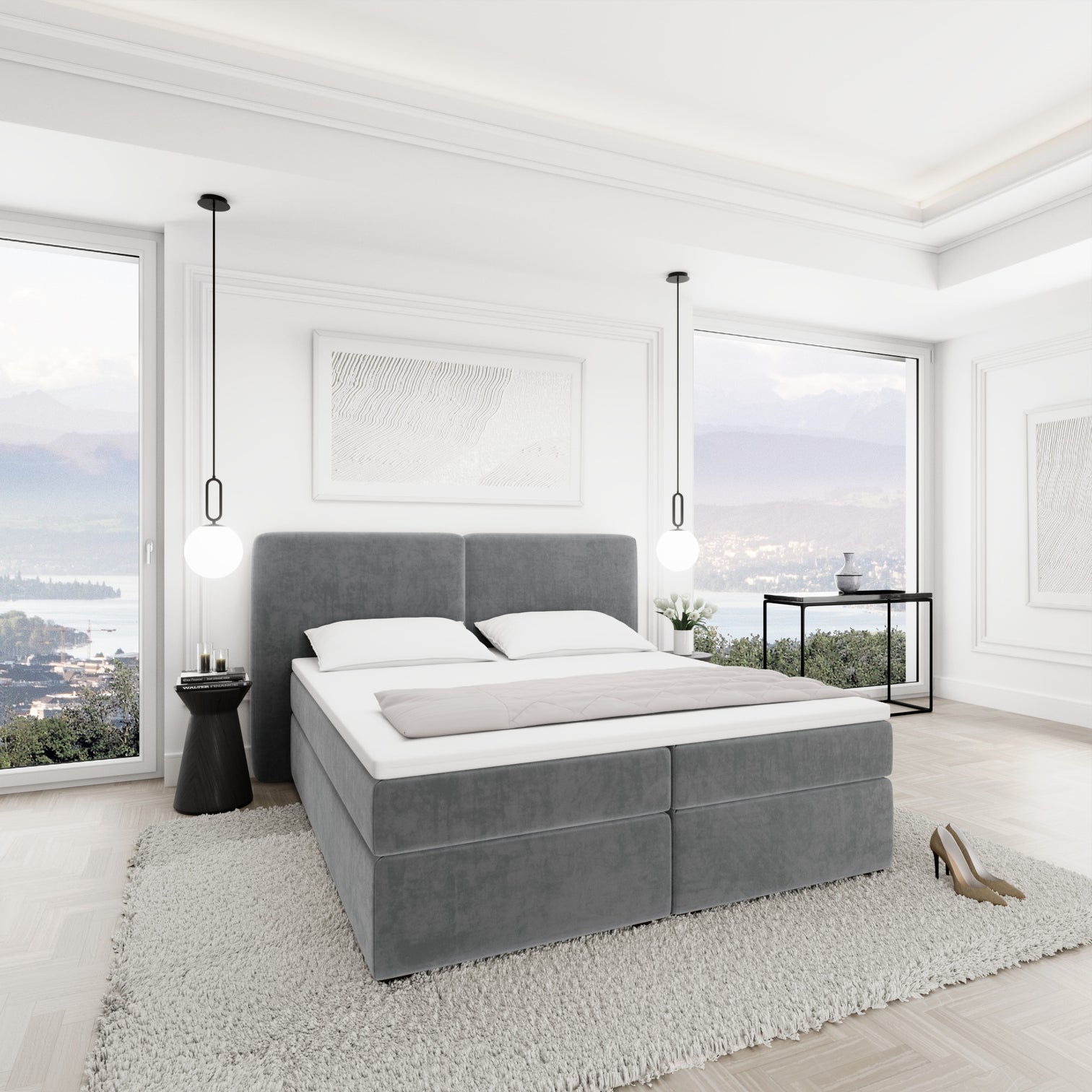 
Lit boxspring design « Castellia » avec compartiment de rangement, velours gris - 140 x 200 cm