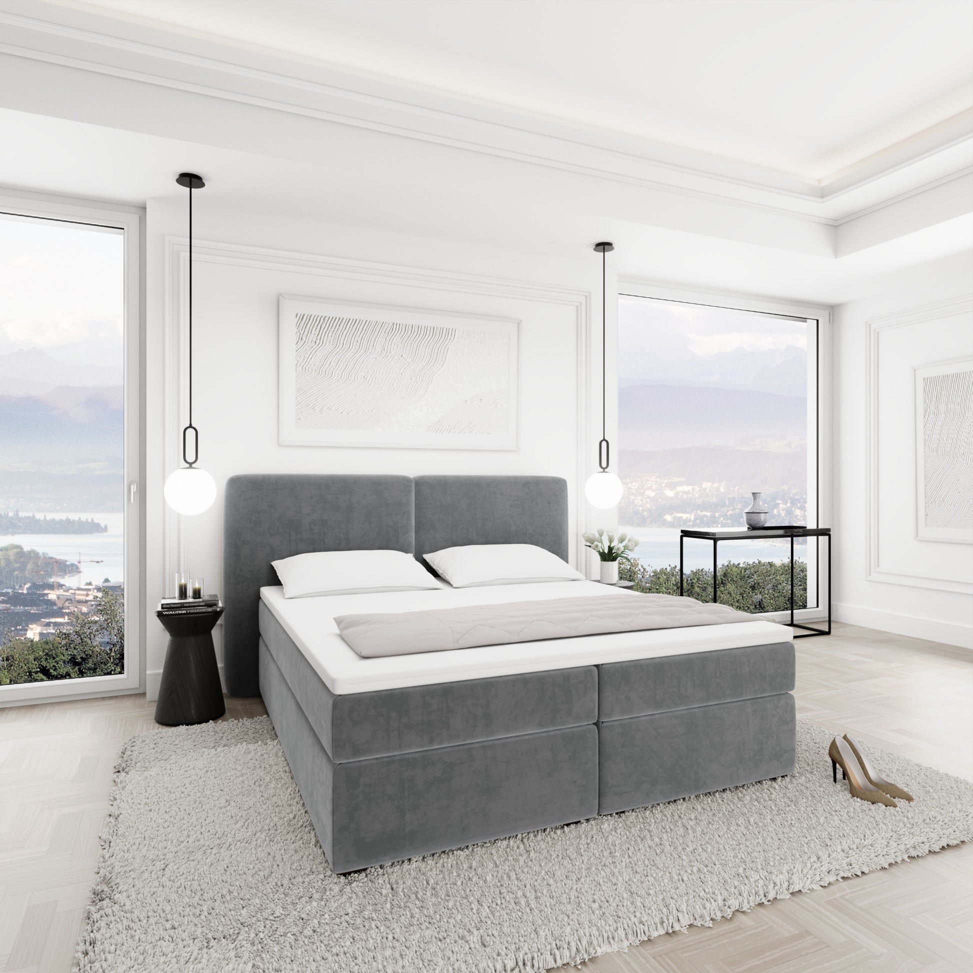 
Design Boxspringbett „Castellia“ mit Ablagefach, Samt Grau - 140 x 200 cm