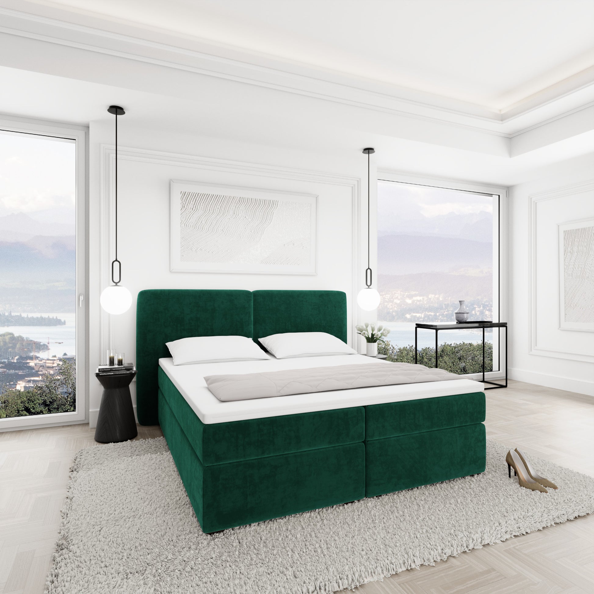 
Design Boxspringbett „Castellia“ mit Ablagefach, Samt Grün - 140 x 200 cm