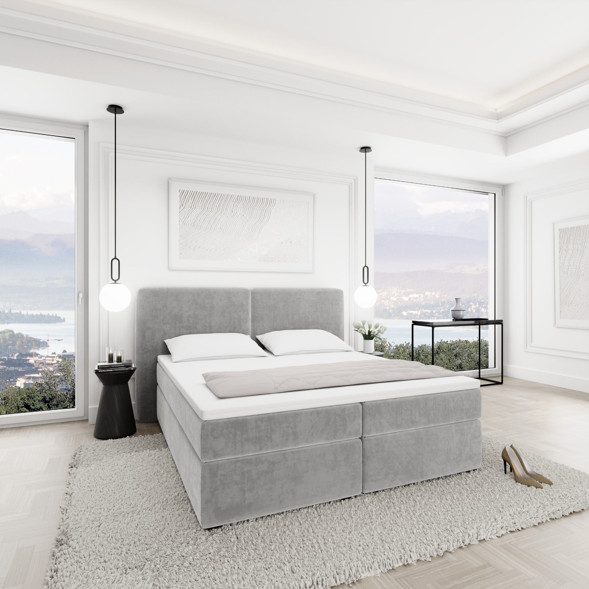 
Design Boxspringbett „Castellia“ mit Ablagefach, Samt Hellgrau - 140 x 200 cm