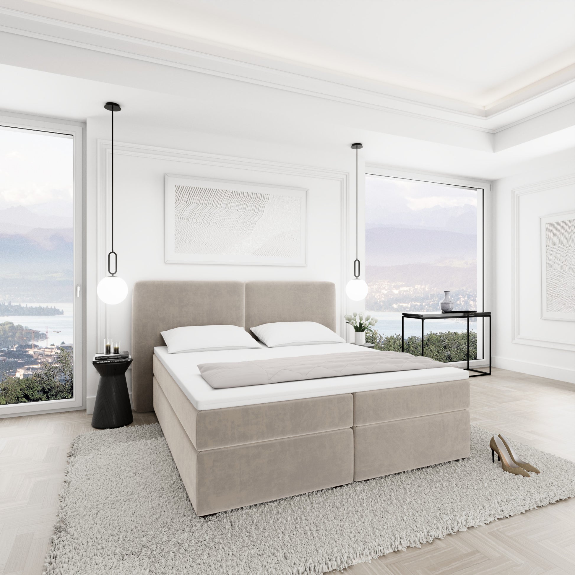 
Design Boxspringbett „Castellia“ mit Ablagefach, Samt Sand - 140 x 200 cm