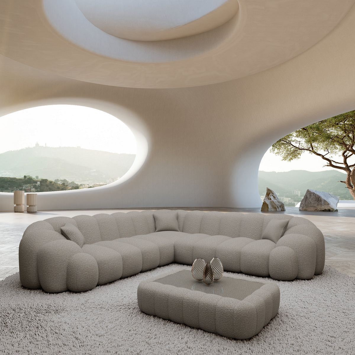 
5-seater designer corner sofas “Solea” with bouclé upholstery - Bouclé Toffee
