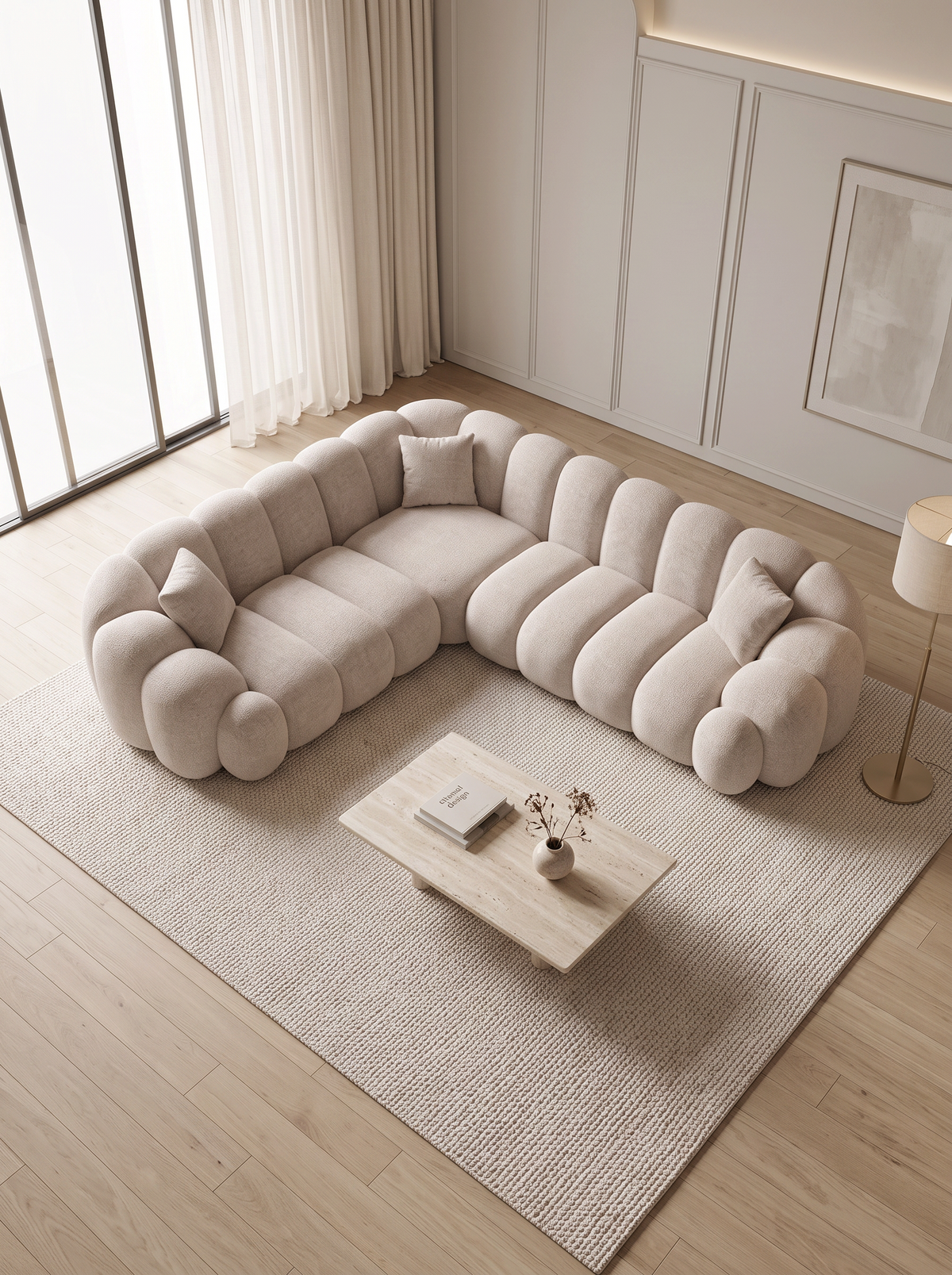
5-seater designer corner sofa “Solea” with textured fabric upholstery - Textured fabric Beige