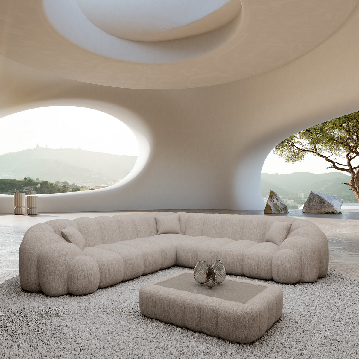 
5-seater designer corner sofa “Solea” with textured fabric upholstery - Textured fabric Beige