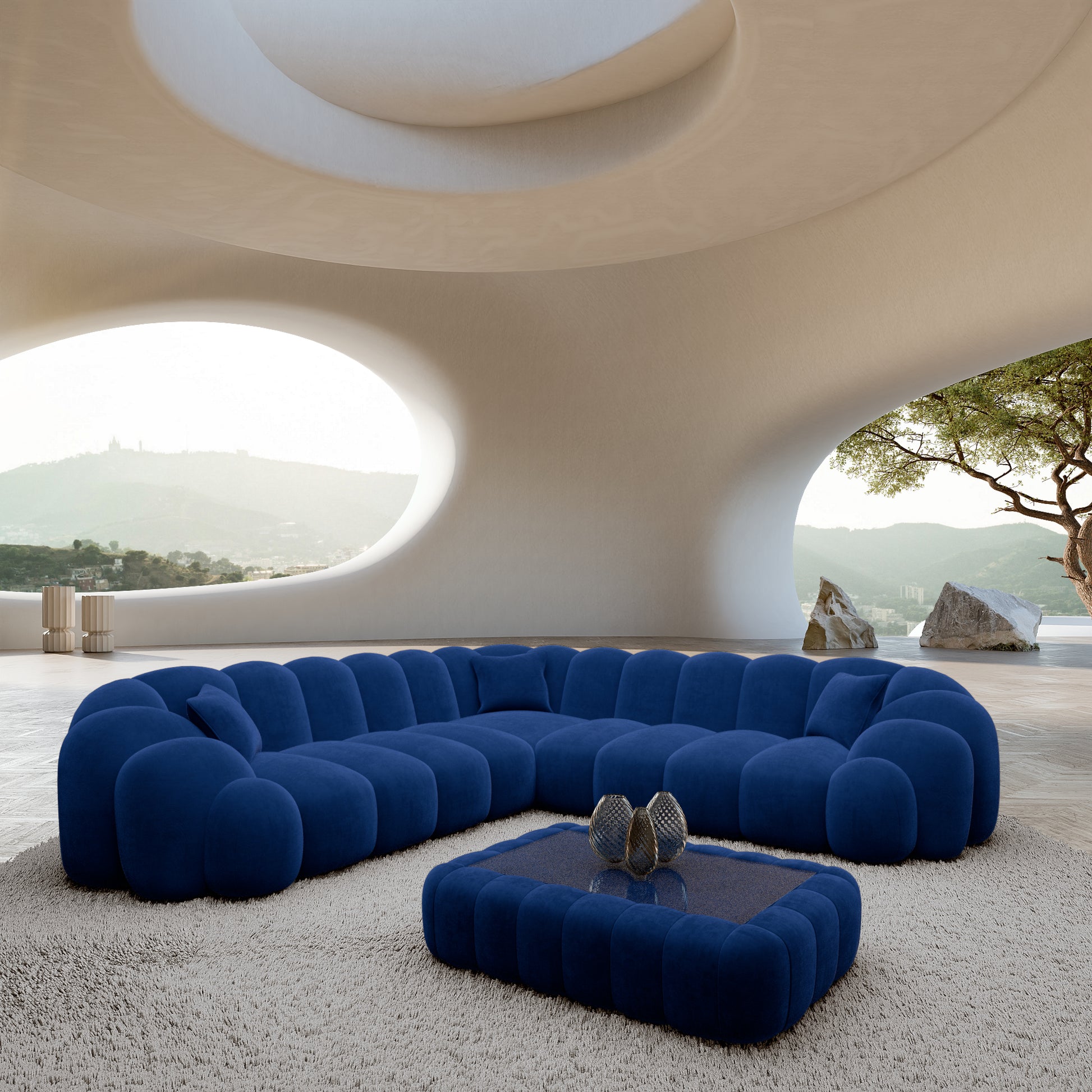 
5-Sitzer Design Ecksofa „Solea“ mit Samtbezug - Samtbezug Königsblau