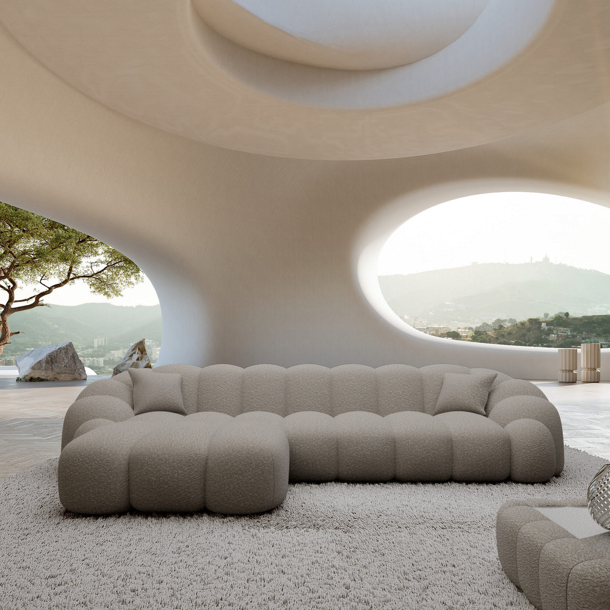 
4-seater designer corner sofas “Solea” with bouclé upholstery - Bouclé Toffee / Left corner section