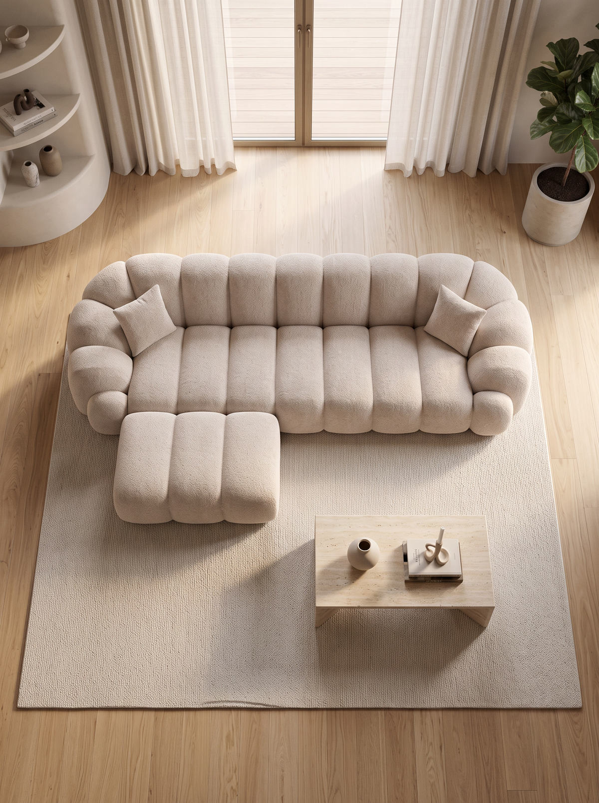 
4-seater designer corner sofa “Solea” with textured fabric upholstery - Textured fabric Beige / Left corner section