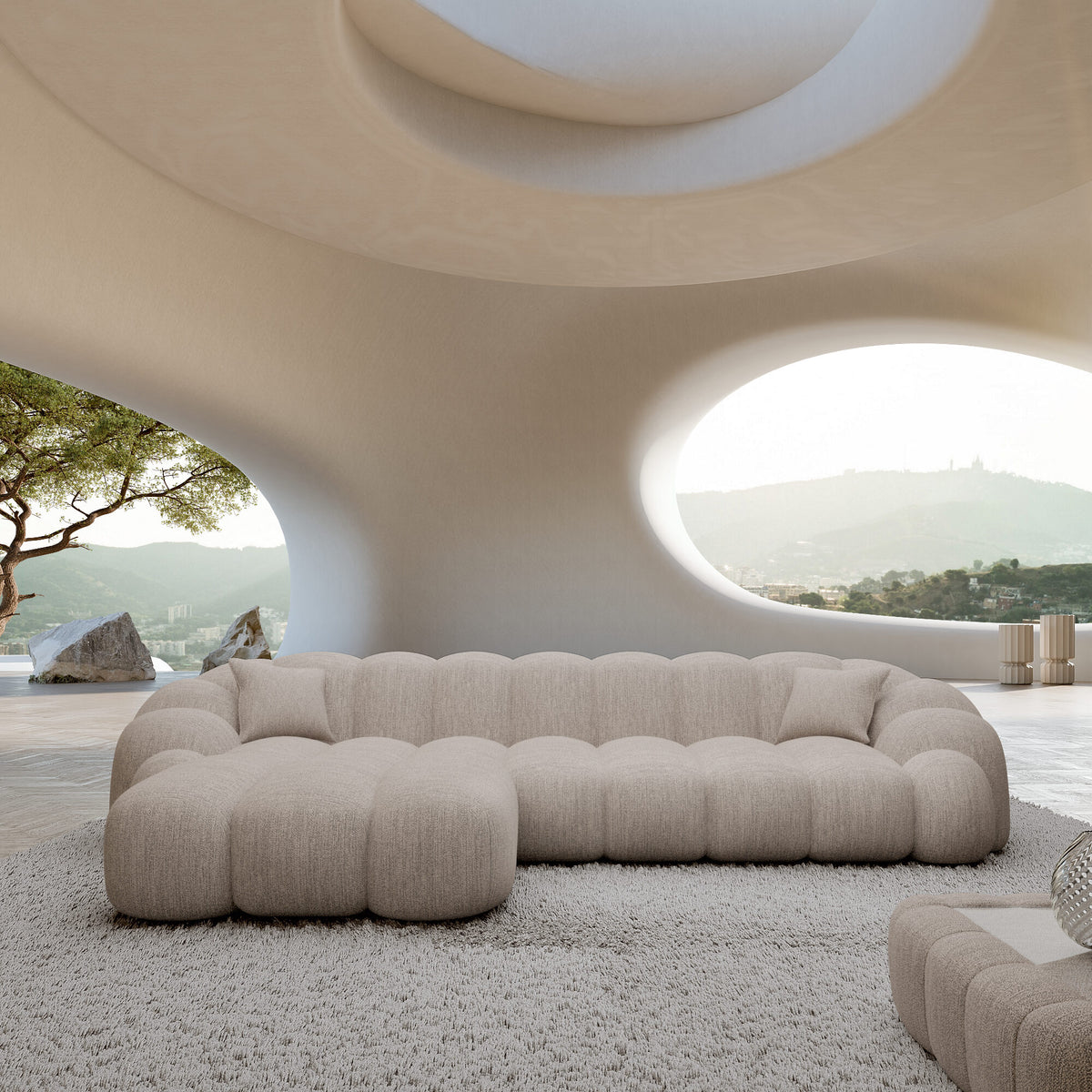 
4-seater designer corner sofa “Solea” with textured fabric upholstery - Textured fabric Beige / Left corner section