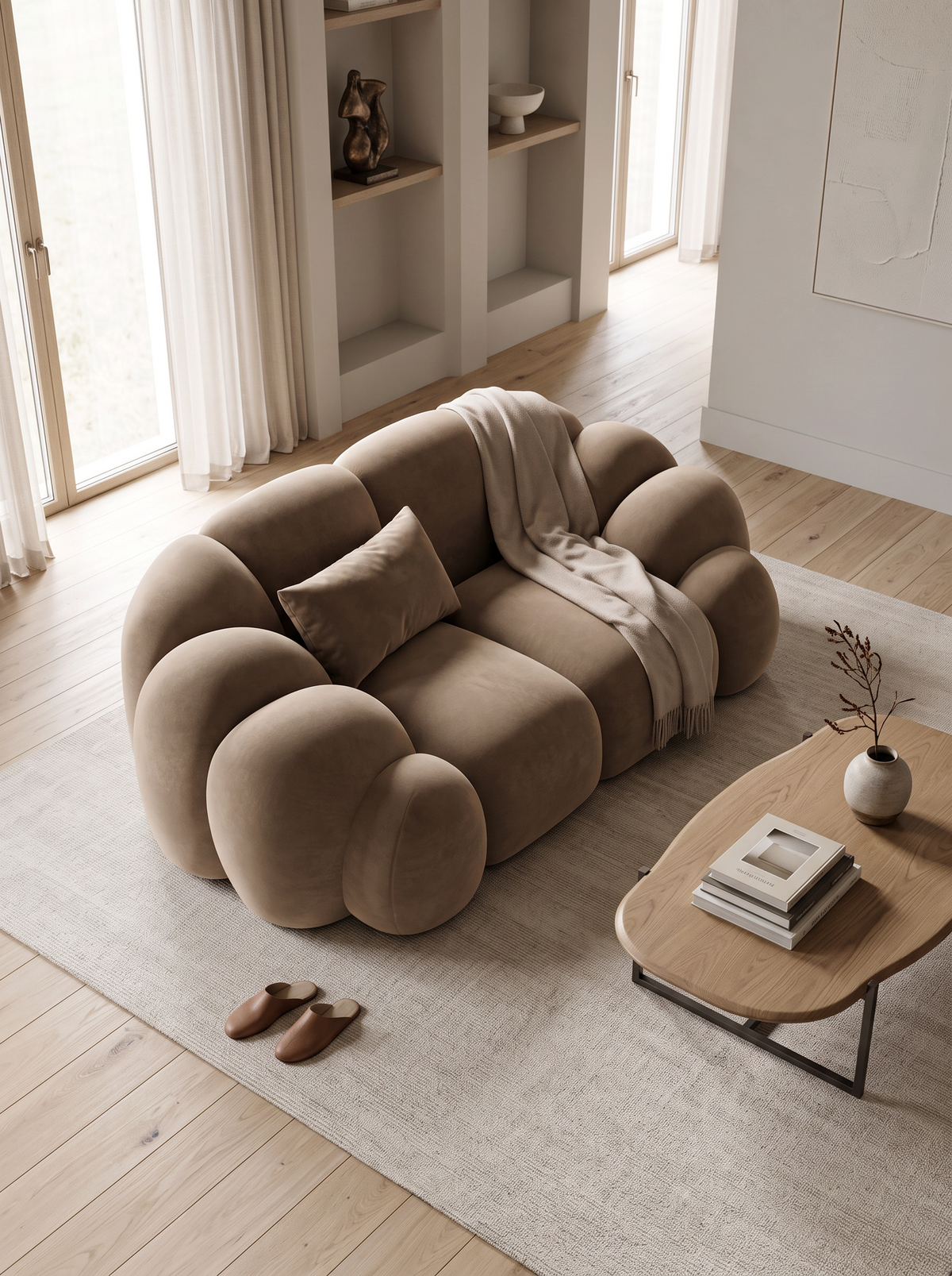 
Fauteuil lounge design « Solea » avec revêtement en velours - Revêtement en velours marron