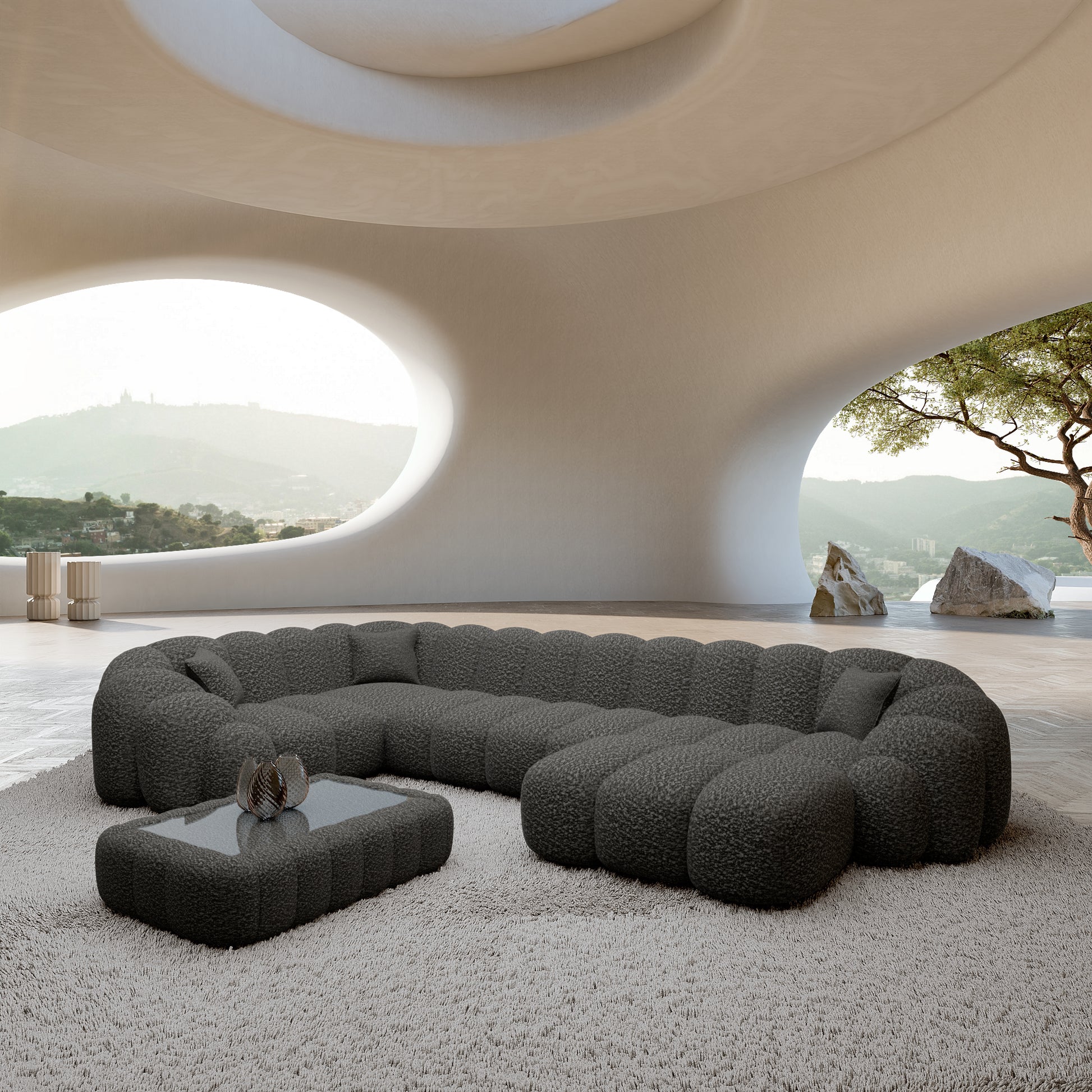 
6-Sitzer Design Panorama-Sofa „Solea XL“ mit Bouclé-Bezug - Bouclé Graphit / Lange Seite links