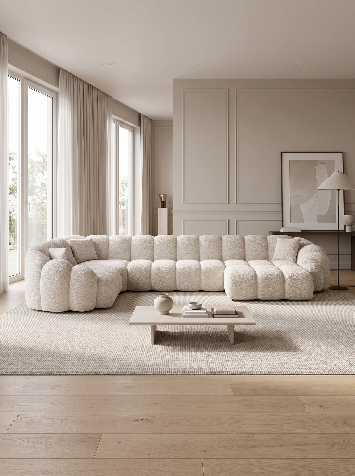 
6-seater designer panoramic sofa “Solea XL” with bouclé upholstery - Bouclé Toffee / Long side left