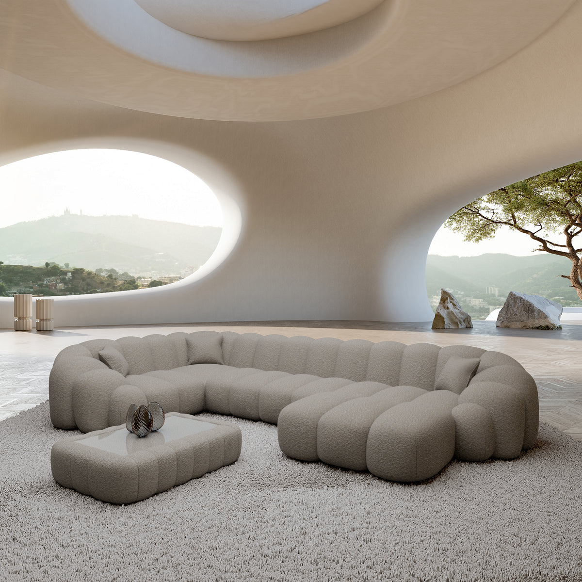 
6-Sitzer Design Panorama-Sofa „Solea XL“ mit Bouclé-Bezug - Bouclé Toffee / Lange Seite links