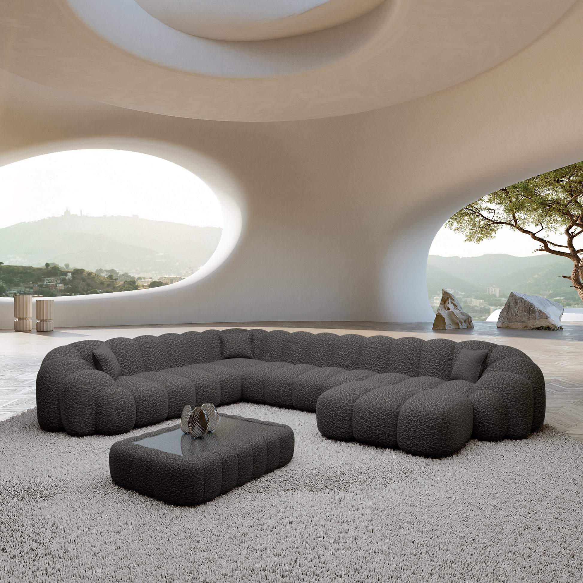 
7-Sitzer Design Panorama-Sofa „Solea XXL“ mit Bouclé-Bezug - Bouclé Graphit / Lange Seite links