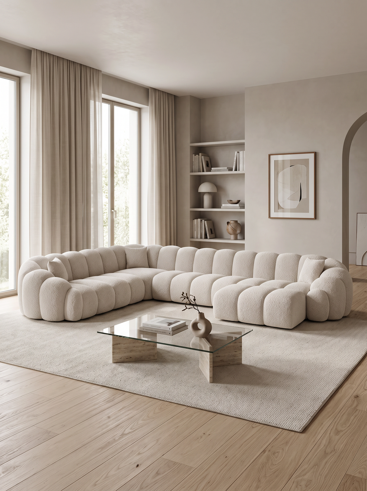 
7-Sitzer Design Panorama-Sofa „Solea XXL“ mit Bouclé-Bezug - Bouclé Toffee / Lange Seite links