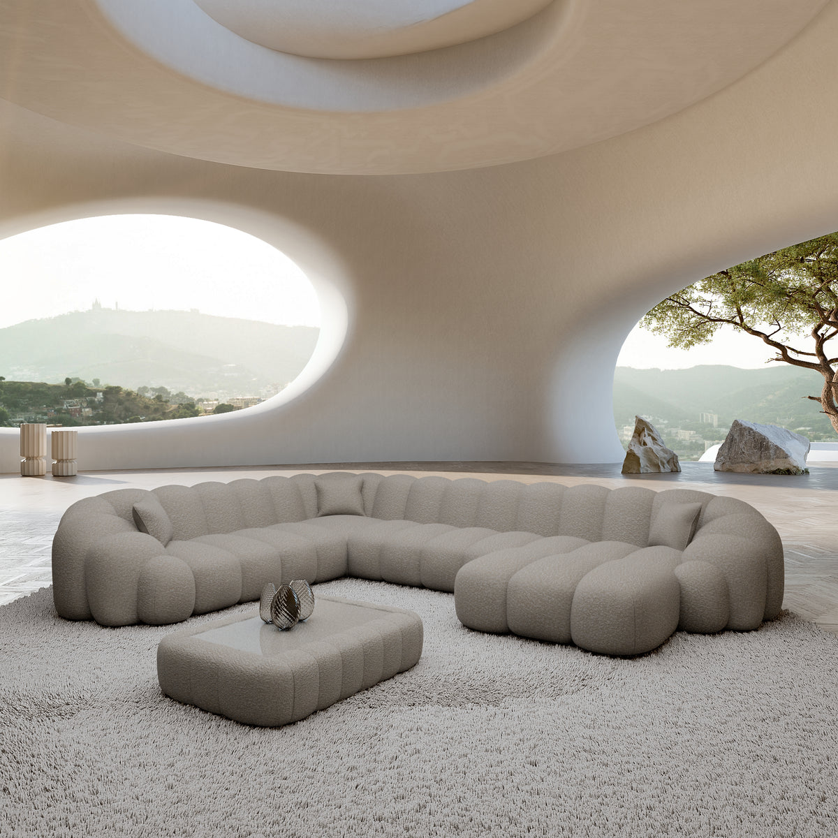 
7-Sitzer Design Panorama-Sofa „Solea XXL“ mit Bouclé-Bezug - Bouclé Toffee / Lange Seite links
