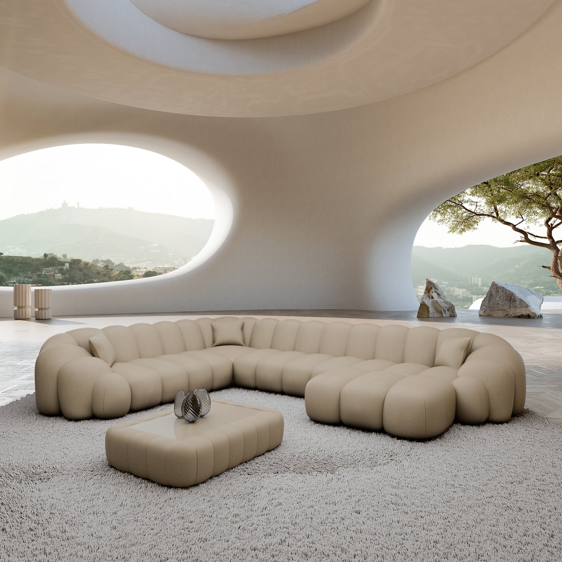 
7-Sitzer Design Echtleder Panorama-Sofa „Solea XXL“ - Echtleder Beige / Lange Seite links