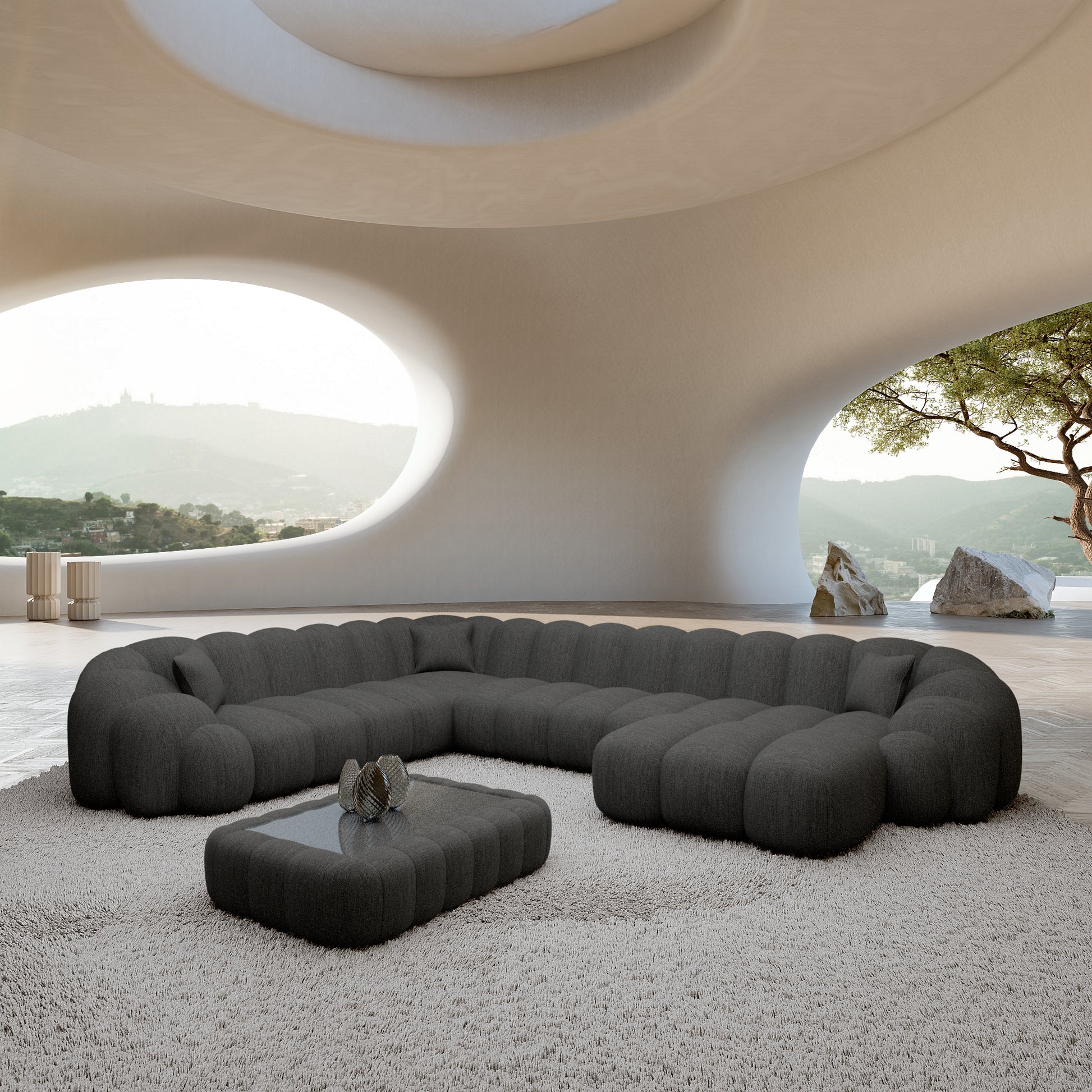 
7-Sitzer Design Panorama-Sofa „Solea XXL“ mit Strukturstoff-Bezug - Strukturstoff Anthrazit / Lange Seite links