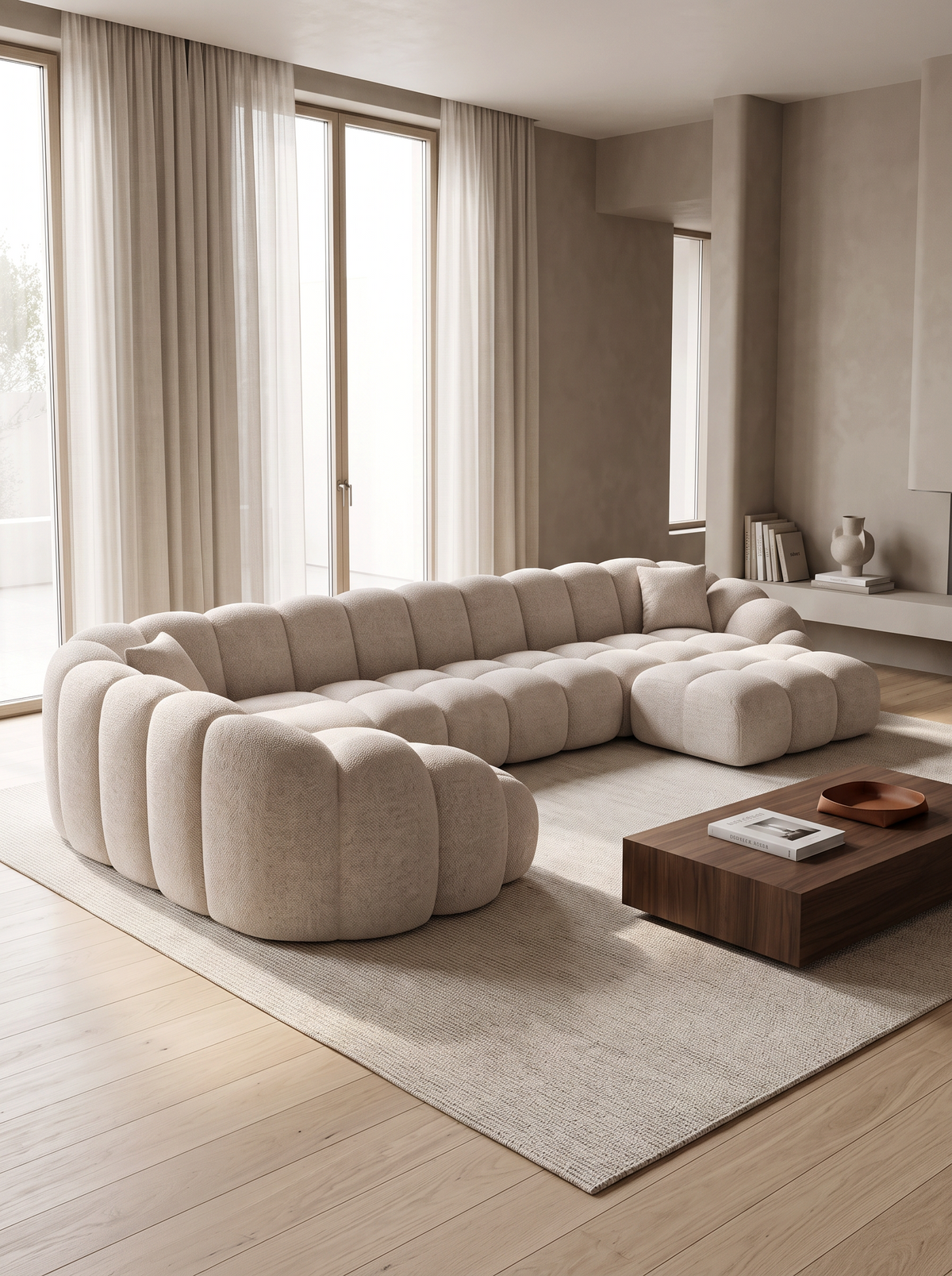 
7-seater designer panoramic sofa “Solea XXL” with textured fabric upholstery - Textured fabric Beige / Long side left