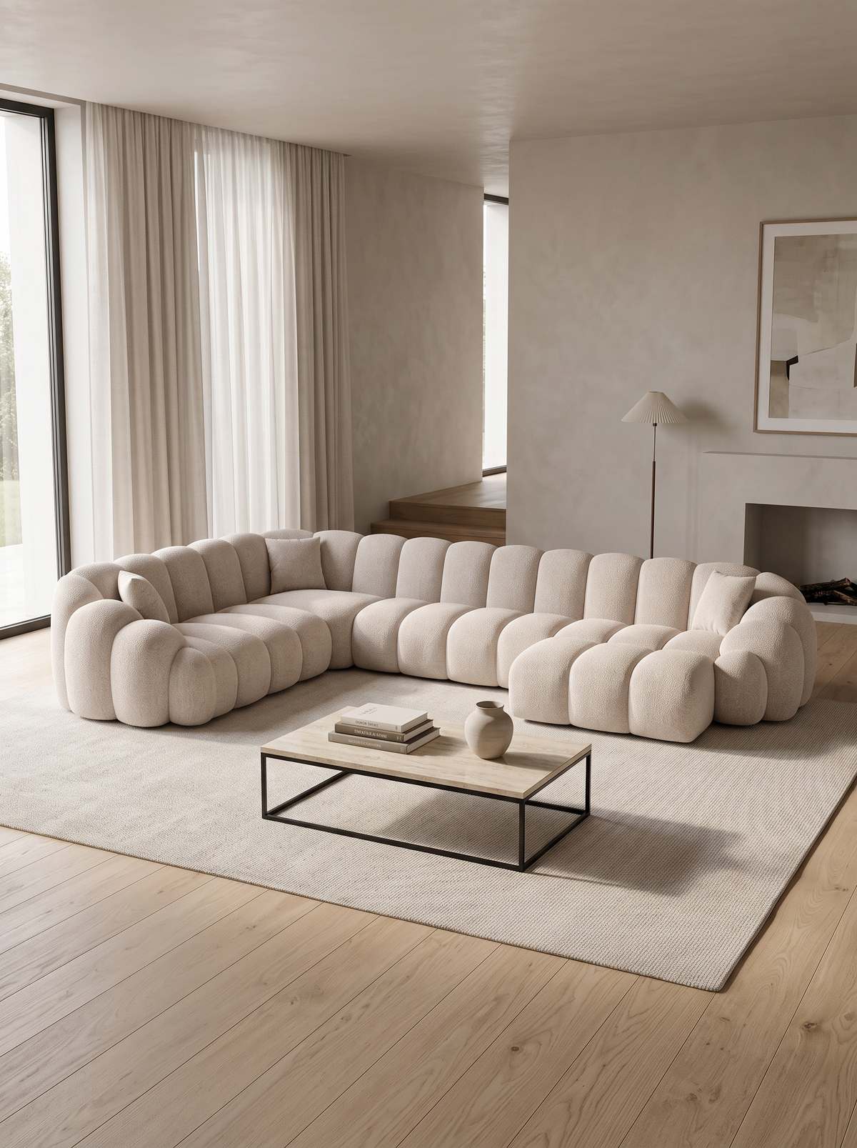 
7-seater designer panoramic sofa “Solea XXL” with textured fabric upholstery - Textured fabric Beige / Long side left