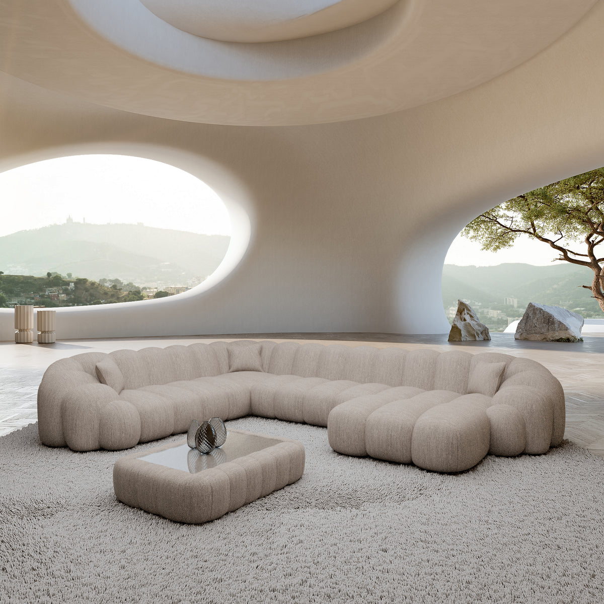 
7-seater designer panoramic sofa “Solea XXL” with textured fabric upholstery - Textured fabric Beige / Long side left
