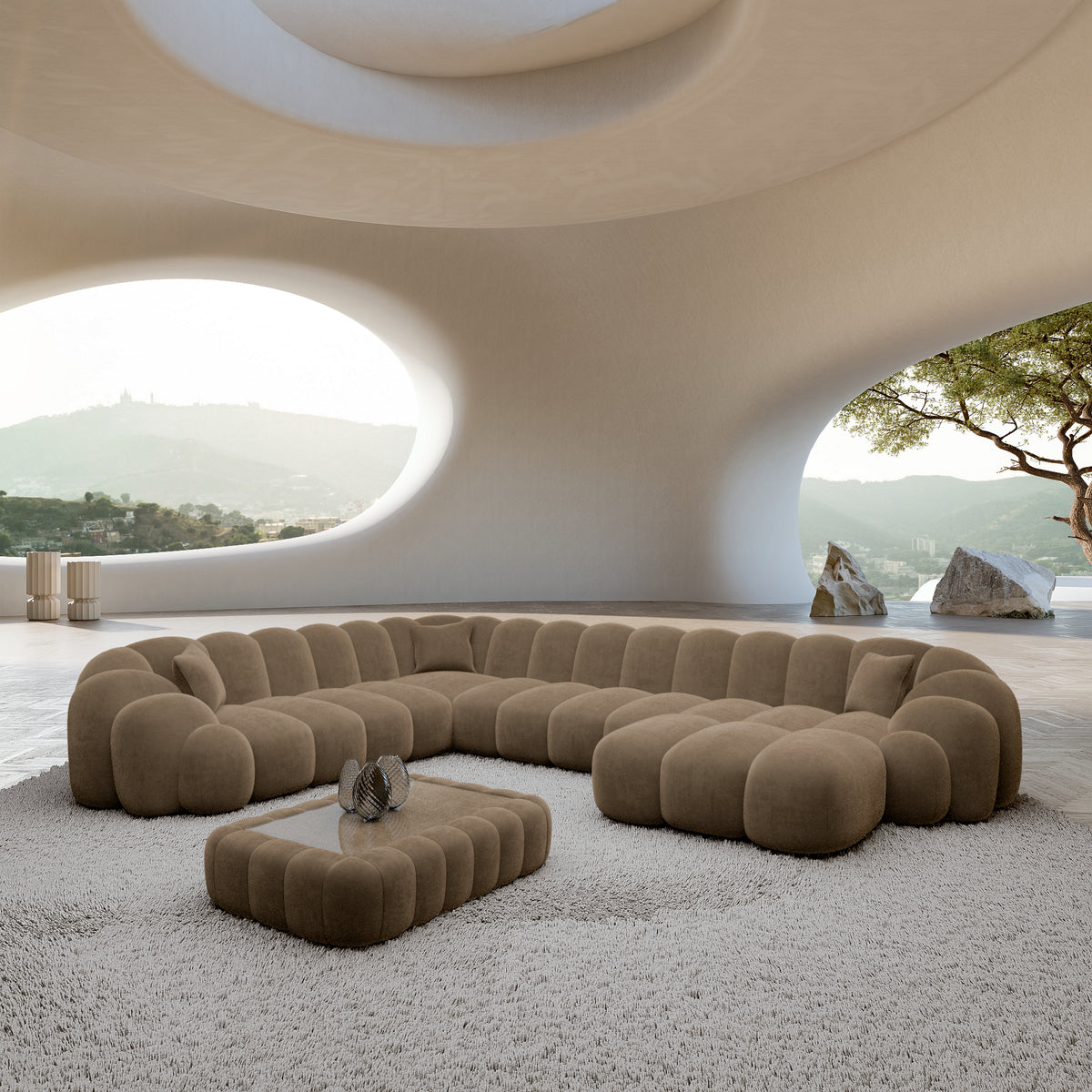 
7-Sitzer Design Panorama-Sofa „Solea XXL“ mit Samtbezug - Samtbezug Braun / Lange Seite links